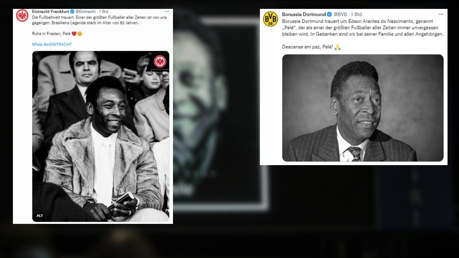 
                <strong>Borussia Dortmund und Eintracht Frankfurt</strong><br>
                Viele Vereine aus der Bundesliga verabschieden sich in den sozialen Netzwerken von Pele. So auch Borussia Dortmund und Eintracht Frankfurt.
              