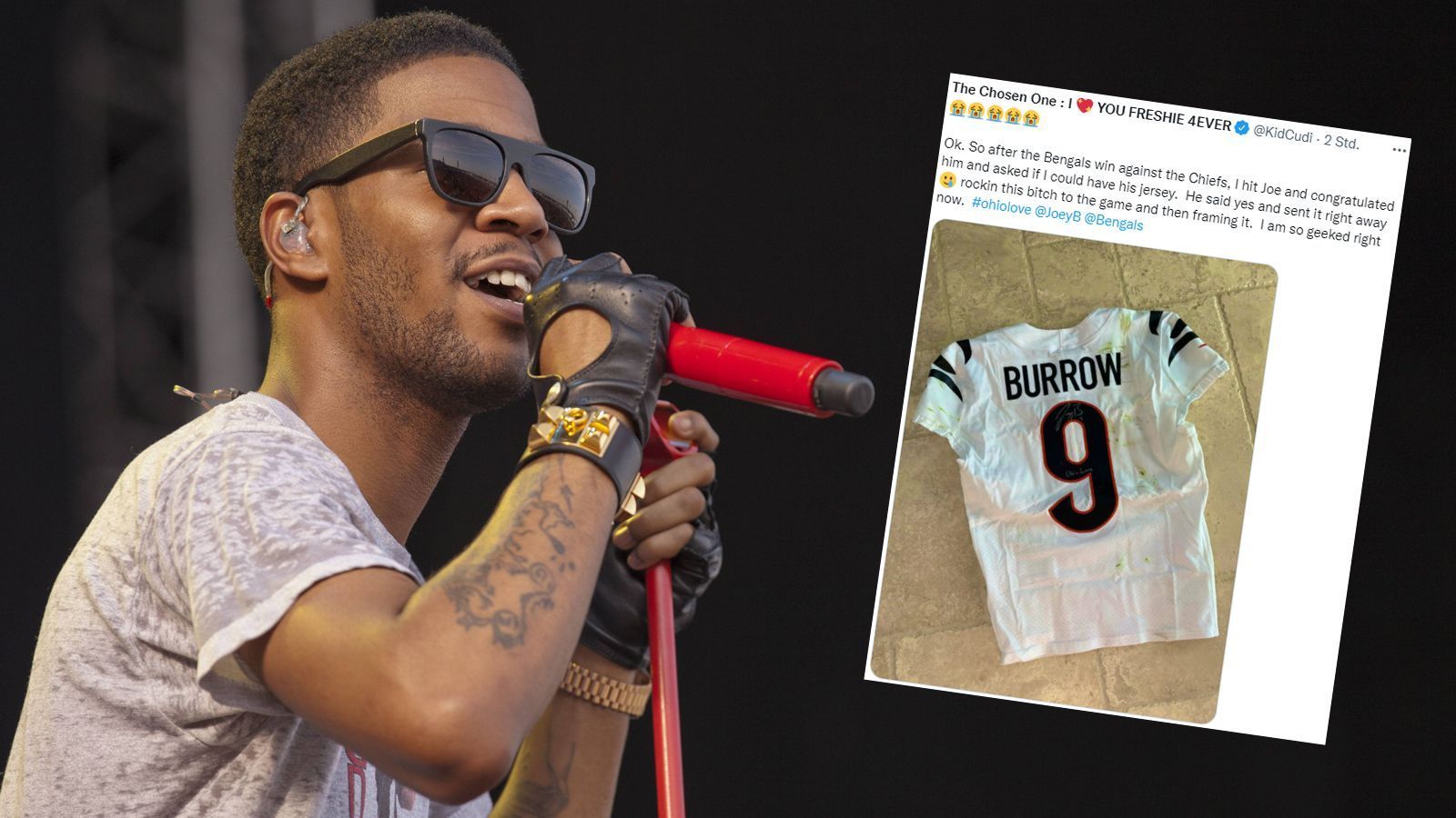 
                <strong>Kid Cudi (Cincinnati Bengals)</strong><br>
                Der US-Rapper Kid Cudi stammt aus Ohio und ist ein echter Bengals-Fan. Der Musiker postete bei Twitter, dass er nach dem Sieg der Cincinnati Bengals im AFC Championship Game gegen die Kansas City Chiefs im Januar 2022 das Trikot von Joe Burrow geschenkt bekam: "Nachdem die Bengals gegen die Chiefs gewonnen hatten, habe ich Joe gratuliert und gefragt, ob ich sein Trikot haben könnte. Er sagte ja und schickte es gleich." 
              