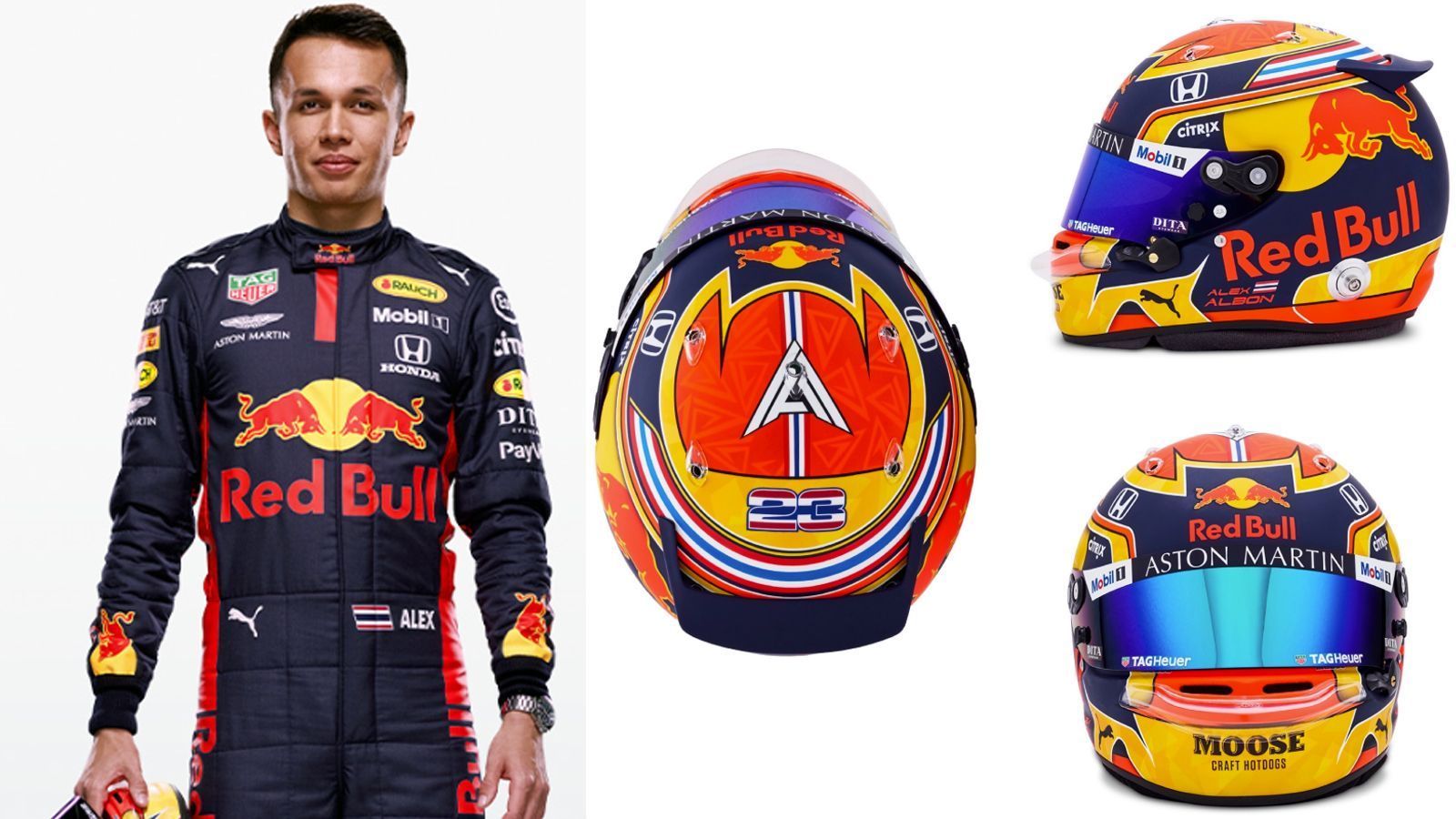 
                <strong>Alexander Albon (Red Bull Racing)</strong><br>
                Alexander Albon beschreibt seinen neuen Helm so: "Das Design des neuen Helms lehnt sich an jenes der vergangenen Saison an. An der Oberseite und auch als Streifen, die nach vorne führen, trage ich die thailändischen Farben. Generell wollte ich ein einfaches Design, aber genau das mag ich. Mit dem matten Blau als Grundton und dem Rot und Gelb von Red Bull sieht das sehr schön aus".
              