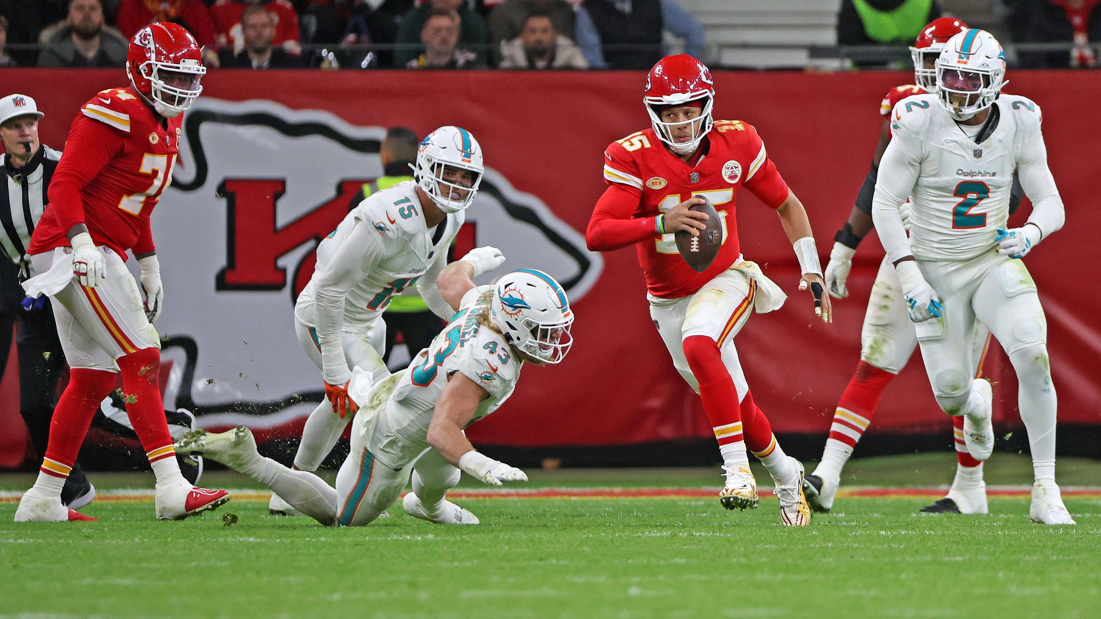 <strong>Kansas City Chiefs (3 Spiele im Ausland)</strong><br>- Spiele in London: 1 (2015; 45:10 vs. Detroit Lions)<br>- Spiele in Mexiko: 1 (2019; 24:17 vs. Los Angeles Chargers)<br>- Spiele in Deutschland: 1 (2023; 21:14 vs. Miami Dolphins)<br>- Spiele in Brasilien: -