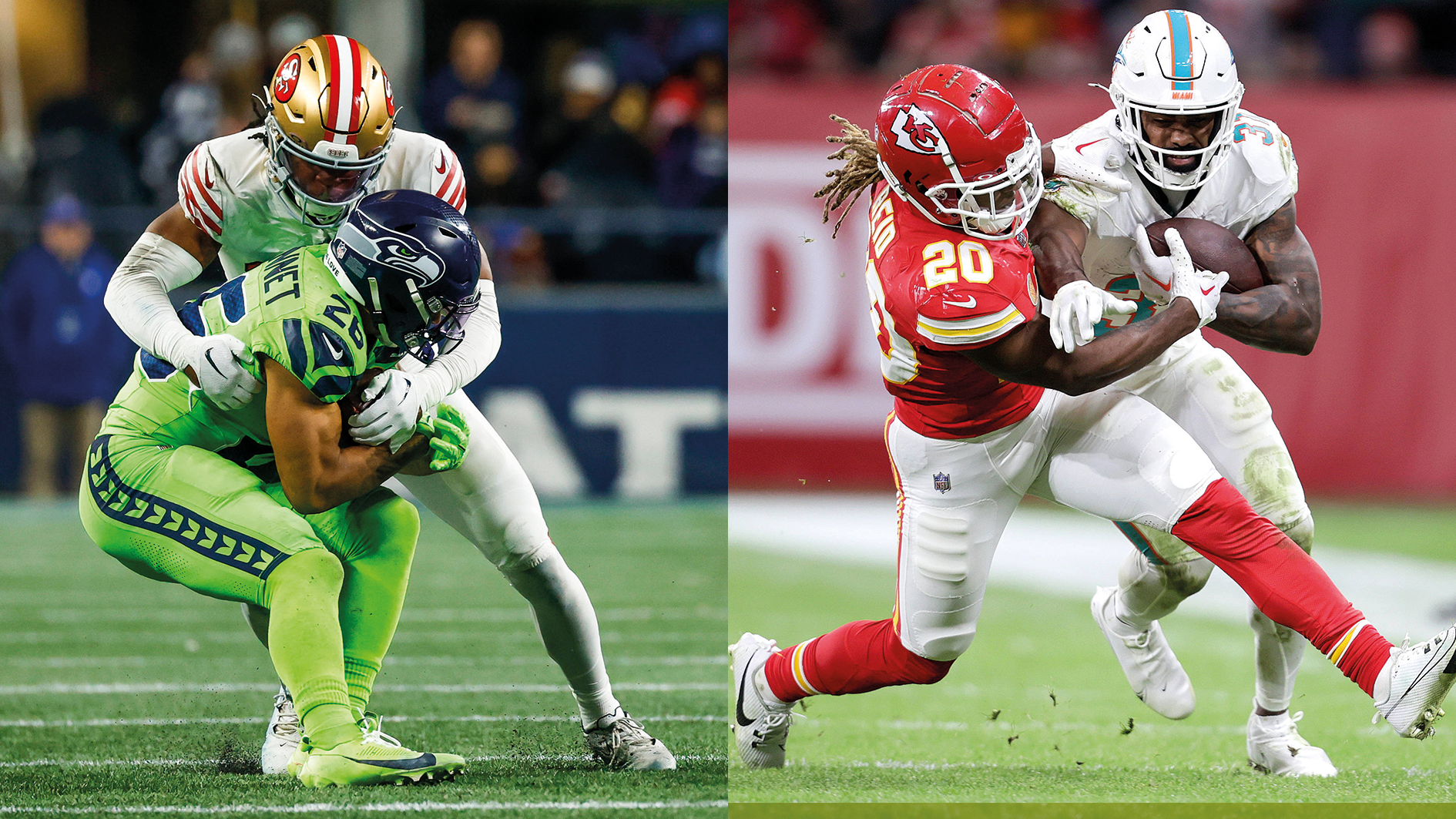 <strong>Ji'Ayir Brown gegen Justin Reid</strong><br>95 Tackles, drei Sacks, sieben Pass Deflections, eine Interception - die Zahlen von Reid (r.) beweisen, dass er nicht nur gegen den Ball, sondern auch im Pass Rush ein wichtiger Bestandteil der Chiefs-Defense ist.&nbsp; Bei den Zahlen kann Brown nicht ganz mithalten. Er lieferte 35 Tackles, null Sacks, vier Pass Deflections und zwei Interceptions.&nbsp;<br><br><strong>Punkt: Chiefs - 4,5:6,5</strong>