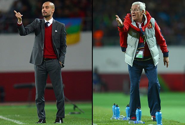 
                <strong>FC Bayern - Guangzhou Evergrande </strong><br>
                Große Trainer und ihre Gesten: Nur anhand der Körpersprache von Pep Guardiola (l.) und Marcelo Lippi erahnt man nicht, dass das Spiel 3:0 für den FC Bayern endet
              