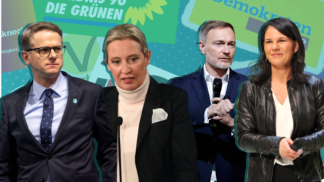 Von links: Carsten Linnemann (CDU), Alice Weidel (AfD), Christian Lindner (FDP) und Annalena Baerbock (Grüne).