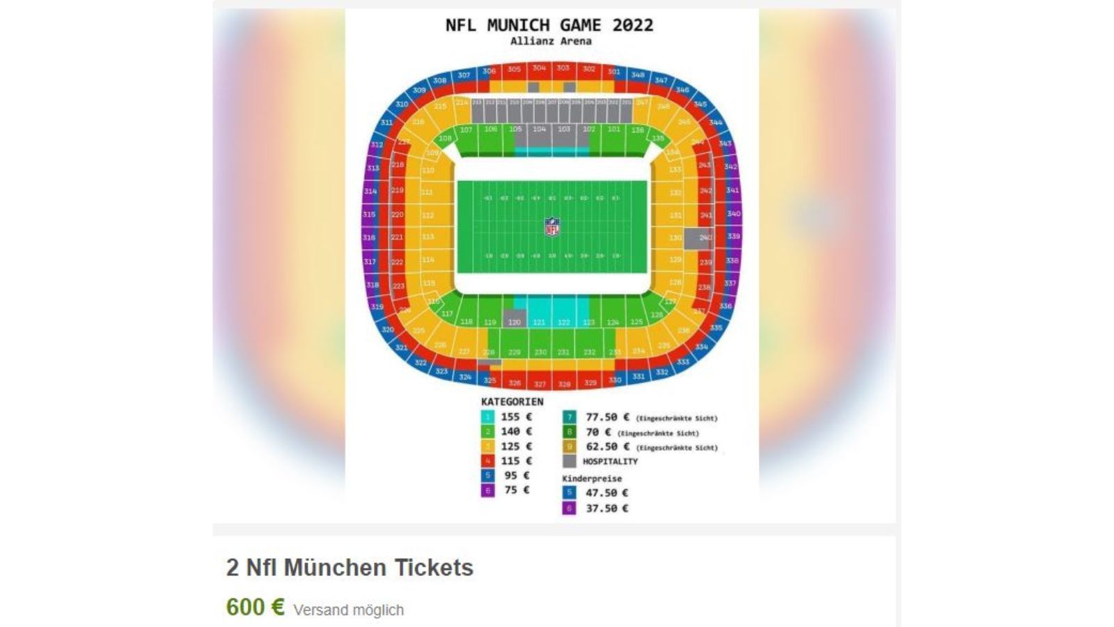
                <strong>Horrende eBay-Angebote für das NFL-Spiel in Deutschland</strong><br>
                600 Euro für zwei Tickets? Was wie ein halbwegs fairer Preis klingt, ist trotzdem ein Aufschlag von mindestens 100 Prozent und dazu wahrscheinlich auch noch Fake.
              