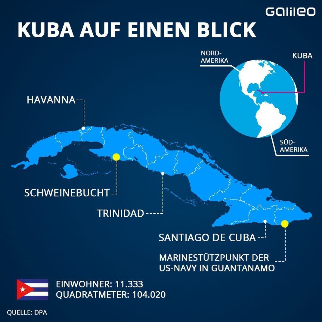 Kuba hat rund 11,33 Millionen Einwohner:innen. Die größte Stadt und Hauptstadt von Kuba ist Havanna. Santiago de Cuba ist die zweitgrößte Stadt und besitzt einen großen Seehafen. Trinidad mit seinem Kolonialcharme und Stränden ist ein beliebtes Touristenziel.