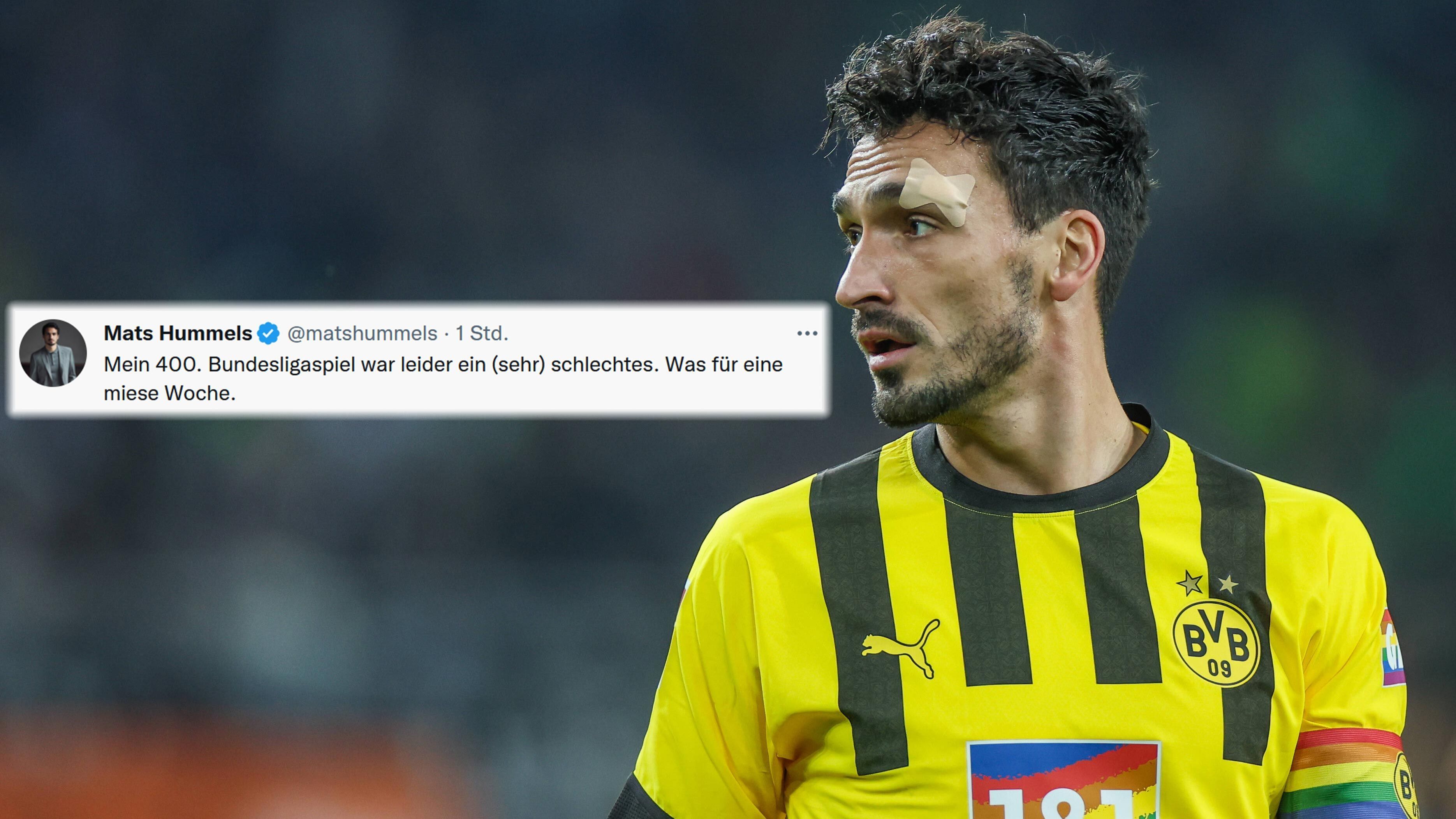 
                <strong>Mats Hummels auf Twitter: "Miese Woche"</strong><br>
                Nach seinem Jubiläums-Spiel äußerte sich Borussia Dortmunds Mats Hummels geknickt auf Twitter: "Mein 400. Bundesligaspiel war leider ein (sehr) schlechtes. Was für eine miese Woche." Für den Routinier war das katastrophale 2:5 des BVB gegen Borussia Mönchengladbach am vergangenen Freitagabend nicht die einzige schlechte Nachricht. Bereits am Donnerstag verkündete Bundestrainer Hansi Flick das Aufgebot für die anstehende Weltmeisterschaft in Katar - ohne Hummels.
              