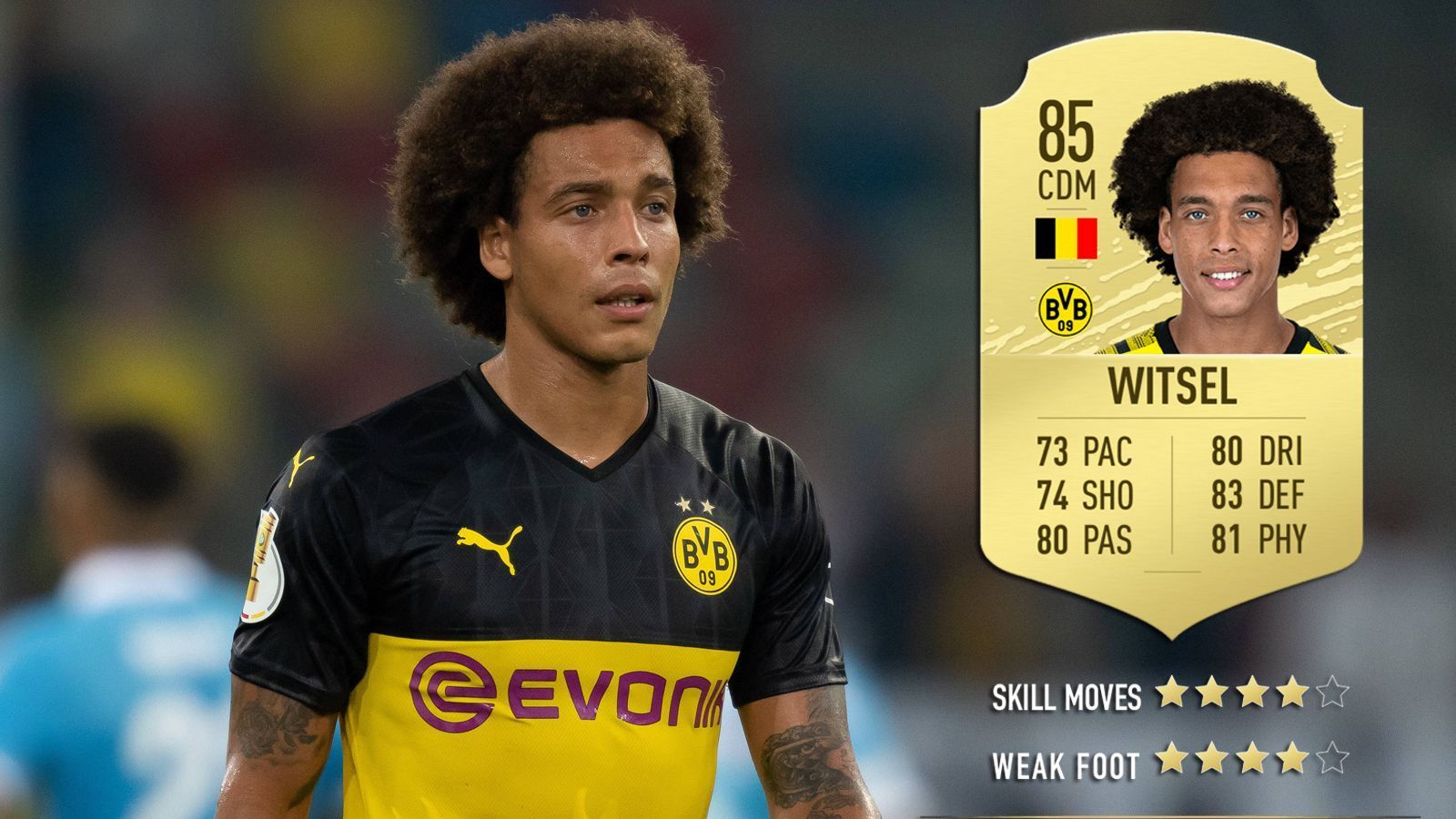 
                <strong>Axel Witsel (Borussia Dortmund) </strong><br>
                Gesamtstärke: 85Position: Defensives Mittelfeld Alter: 30
              