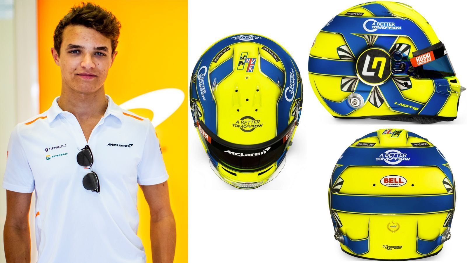 
                <strong>Lando Norris (McLaren F1)</strong><br>
                Eines der Hobbys von McLaren-Pilot Lando Norris ist Malen - kein Scherz. So nahm er maßgeblichen Einfluss beim Design seines neues Helmes. Darin zu sehen: Die Initialen "LN" für seinen Namen in stilistischer Form.
              