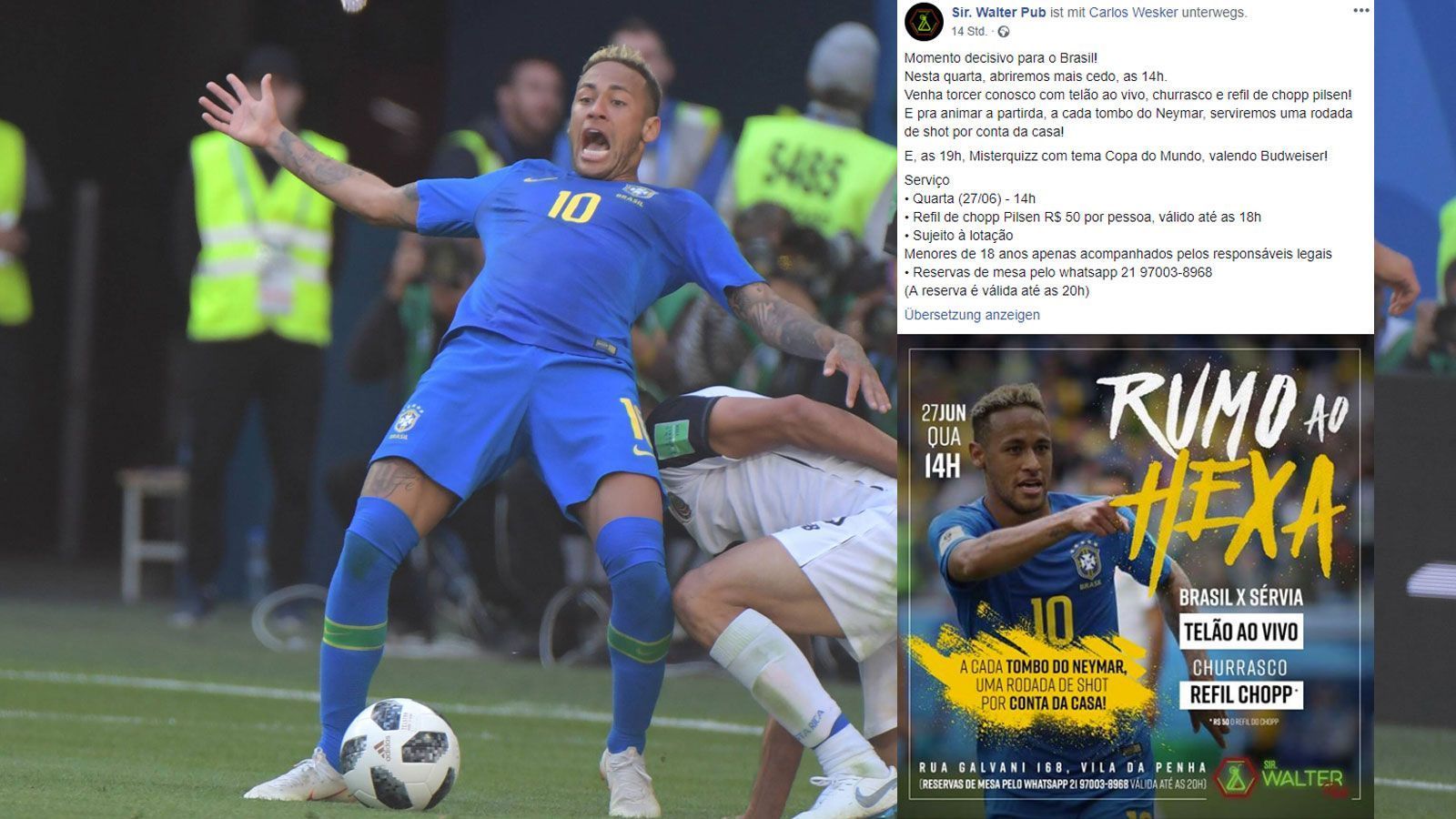 
                <strong>Neymar Schwalbe</strong><br>
                Ein Pub in Rio de Janeiro lockt mit einem interessanten Angebot: Jedes Mal wenn Neymar im Spiel gegen Serbien auf dem Boden liegt, soll es einen Kurzen gratis für jeden Gast geben. In den bisherigen zwei WM-Spielen von Brasilien wurden bereits 14 Fouls an Neymar gepfiffen. Zählt man diejenigen Zweikämpfe hinzu, in denen Neymar nicht gefoult wurde, aber trotzdem auf dem Boden lag, könnte das Angebot eine kostspielige Angelegenheit für den Besitzer des "Sir Walter Pub" werden. Sollte die Schweiz das Parallelspiel gegen Costa Rica gewinnen, geht es für Brasilien gegen Serbien um das Erreichen des Achtelfinals.
              