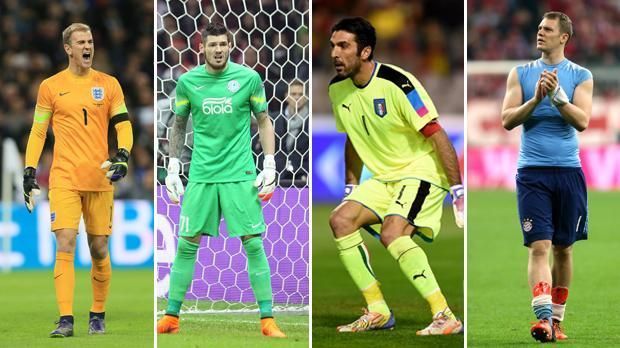 
                <strong>Die nominierten Torhüter</strong><br>
                Die nominierten Torhüter (v.l.n.r.): Joe Hart (Manchester City), Denys Beyko (Dnipro Dnipropetrovsk), Gianluigi Buffon (Juventus Turin), Manuel Neuer (FC Bayern München).
              