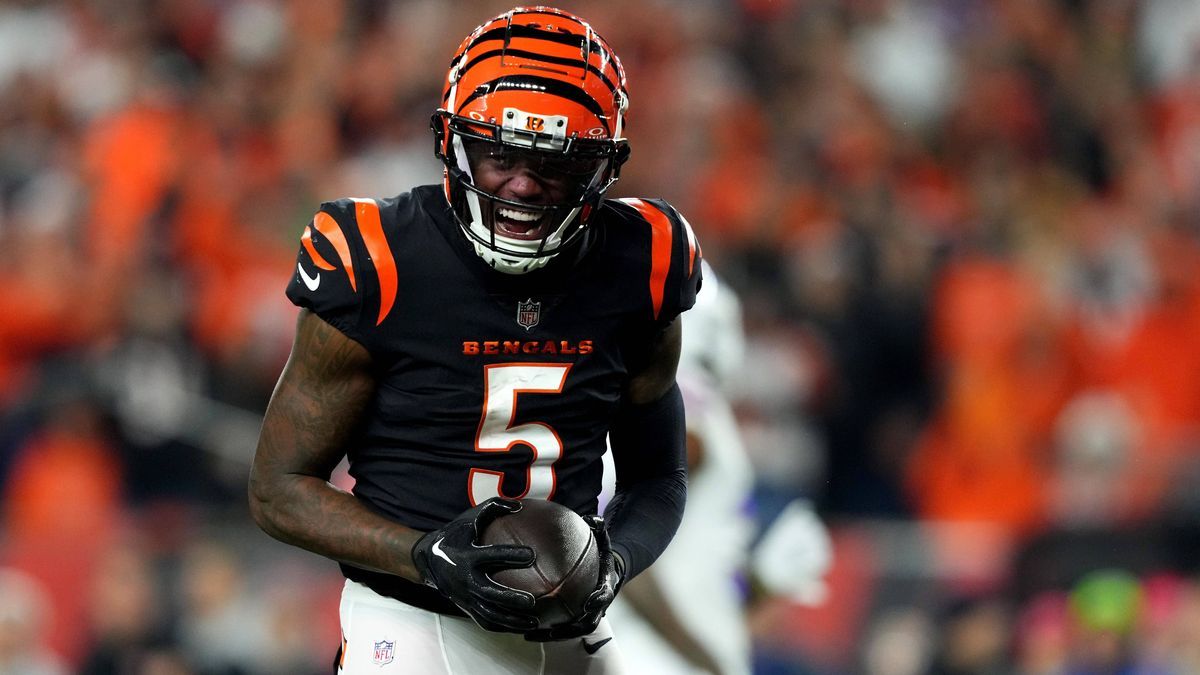 Syndication: USA TODAY Cincinnati Bengals wide receiver Tee Higgins (5) reacts after completing a catch in the fourth quarter during a Week 9 NFL, American Football Herren, USA football game betwee...