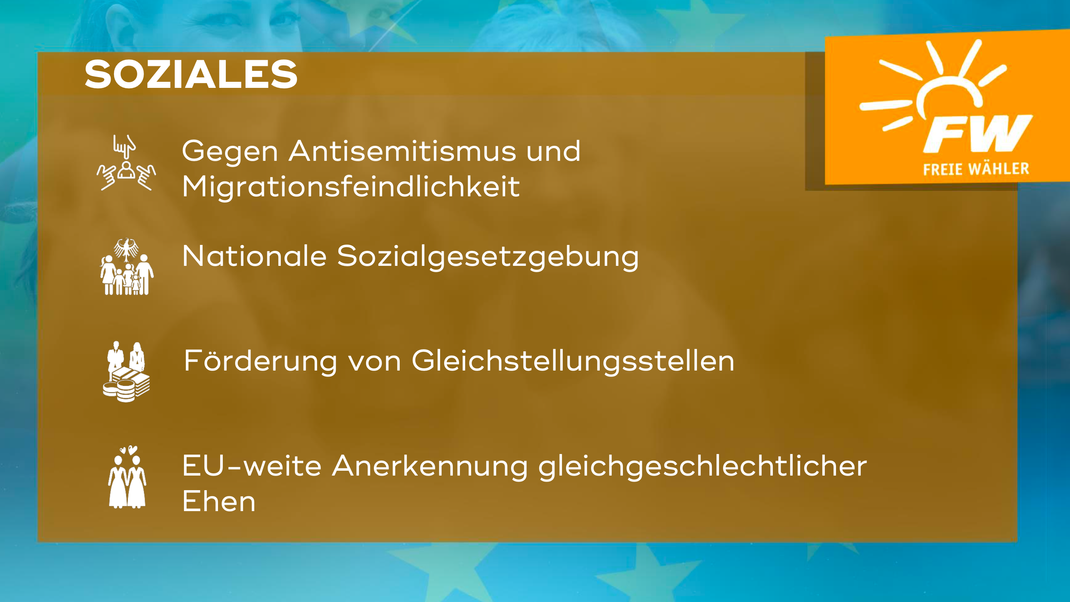 Die zentralen Forderungen der Freien Wähler in Bayern im Bereich "Soziales" zur Europawahl 2024.