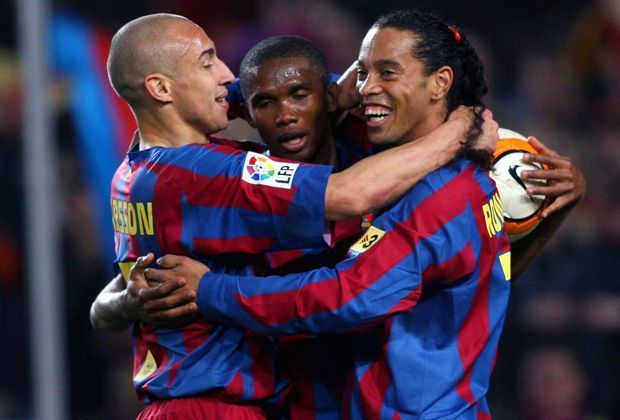 
                <strong>Eto'o, Ronaldinho, Larsson: Saison 2005/2006</strong><br>
                75 Treffer: Samuel Eto'o 34 Tore, Ronaldinho 26 Tore, Henrik Larsson 15 Tore
              