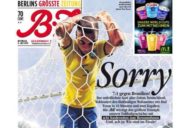 
                <strong>Berliner Zeitung</strong><br>
                Die "Berliner Zeitung" hat Mitleid mit dem WM-Gastgeber und entschuldigt sich bei Brasilien für die 7:1-Klatsche mit einem großen "Sorry".
              