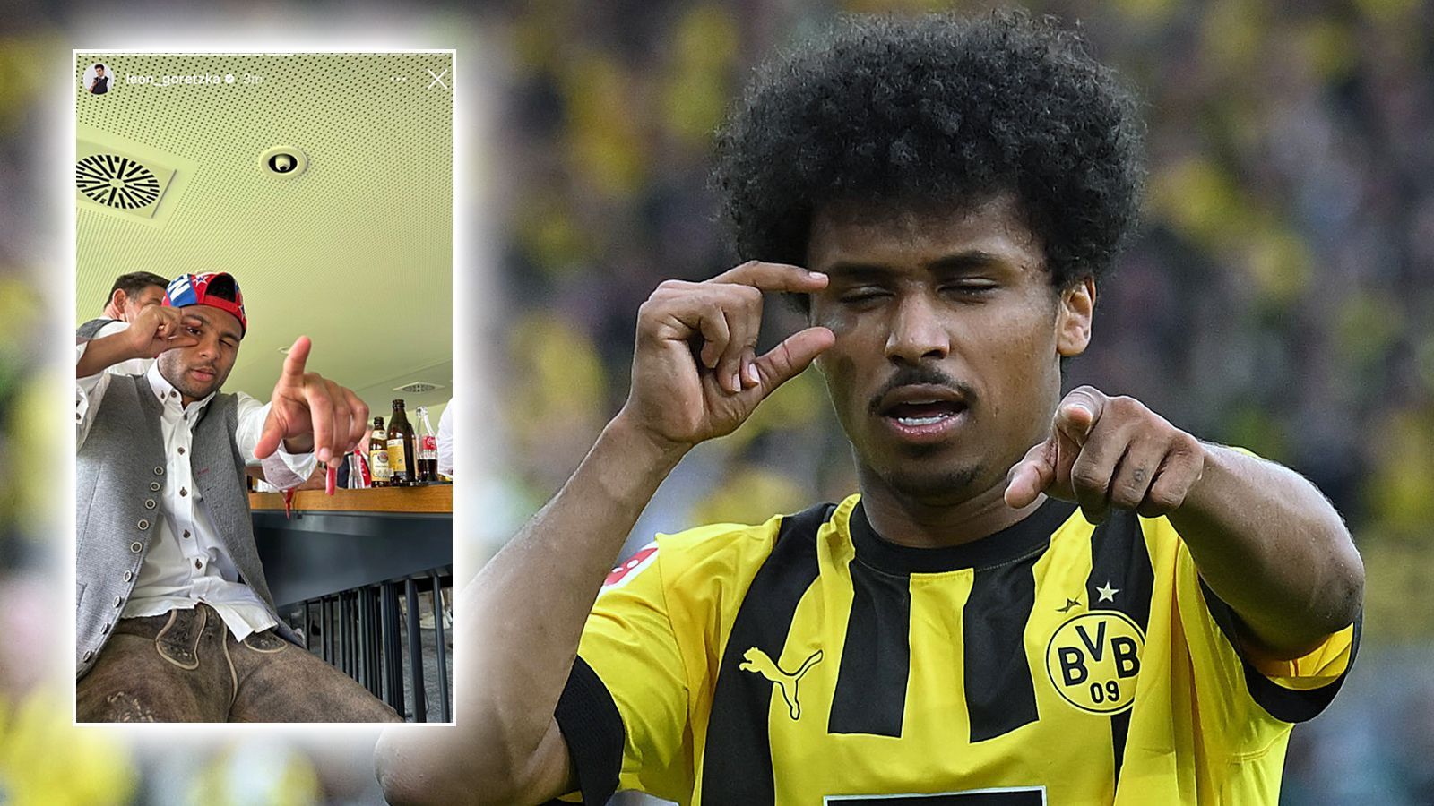 
                <strong>Mit Adeyemi-Jubel: Gnabry trollt BVB-Star</strong><br>
                Nach dem eingefahrenen Meistertitel ließen es sich die Bayern-Stars nicht nehmen, die ein oder andere Spitze in Richtung Dortmund auszuteilen. So postete Leon Goretzka bei Instagram ein Bild von Serge Gnabry, wie dieser BVB-Star Karim Adeyemi mit dessen typischer Torjubel-Geste trollt. Adeyemi und der BVB verspielten den Titel am 34. Spieltag durch ein 2:2 gegen Mainz, während die Bayern zeitgleich in Köln mit 2:1 gewannen und somit in der Tabelle noch an den Dortmundern vorbeizogen. 
              