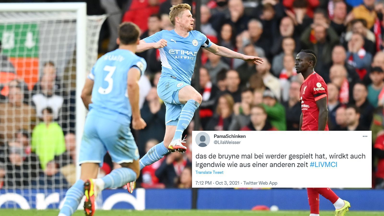 
                <strong>De Bruyne bei Werder? "Irgendwie wie aus einer anderen Zeit"</strong><br>
                Tatsächlich stand beim Spitzenspiel der Premier League hüben wie drüben Personal mit Bundesliga-Vergangenheit auf dem Platz. Bei ManCity gilt dies für Torschütze Kevin De Bruyne (einst bei Werder und Wolfsburg), bei Liverpool für den Ex-Schalker Joel Matip und den eingewechselten Ex-Hoffenheimer Roberto Firmino.
              