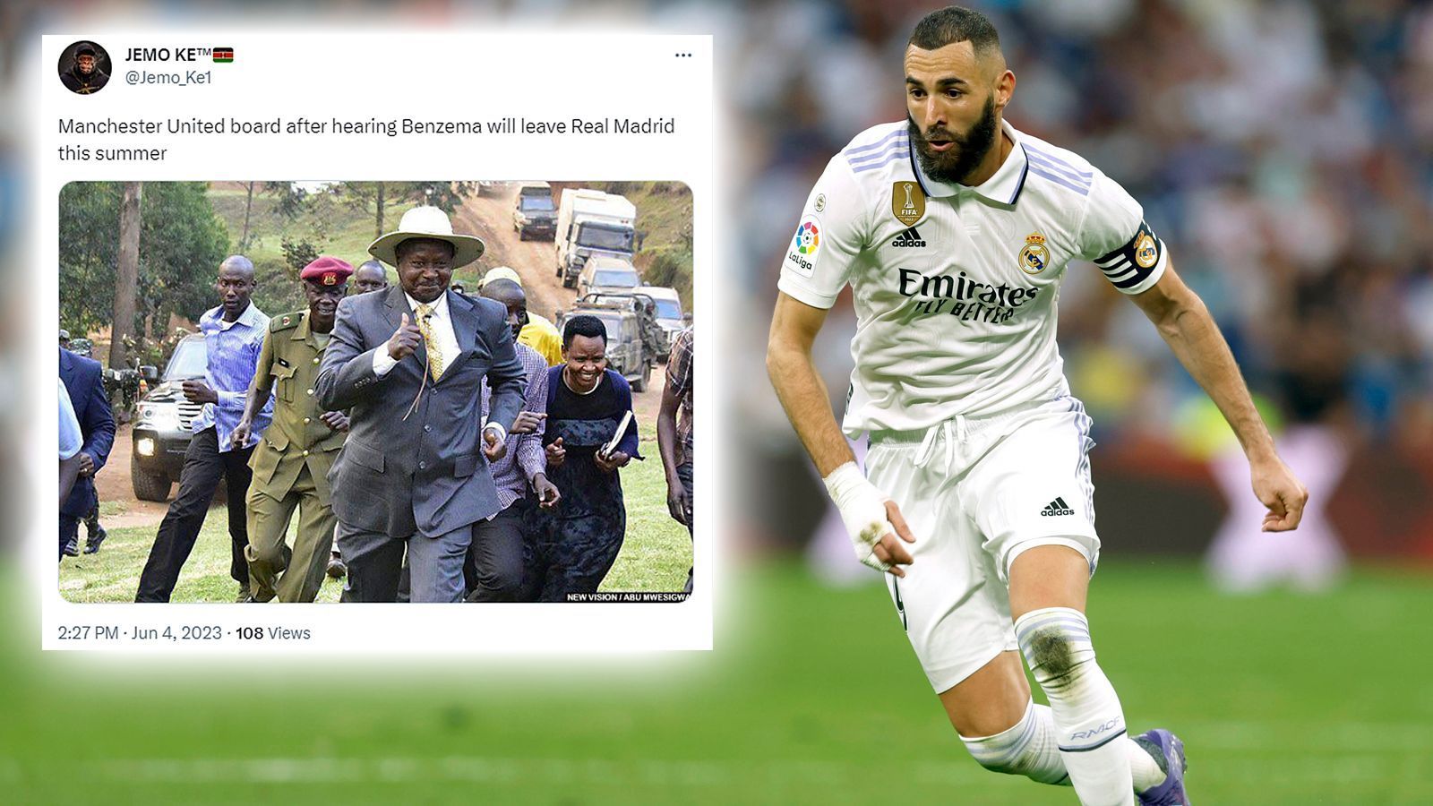 
                <strong>Netzreaktionen zu Karim Benzemas Real-Abschied</strong><br>
                Ein anderer Fan erwartet hingegen, dass sich Manchester United um den nun ablösefreien Benzema bemühen könnte.
              