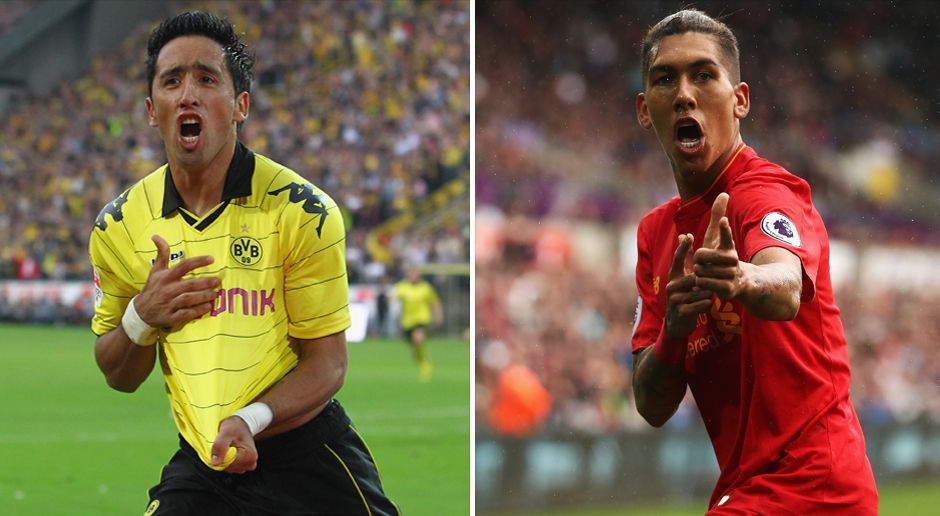 
                <strong>Angriff: Barrios vs. Firmino</strong><br>
                Lucas Barrios und Roberto Firmino sind der Prototyp des wendigen, schellen, technisch starken Stürmers, den sich Klopp für seine schnellen Konter wünscht. Barrios kam in der Meistersaison auf 16 Tore und sechs Vorlagen, tauschte dabei immer wieder mit Lewandowski die Position und war für die Gegner schwer zu greifen. Firmino (fünf Tore, fünf Vorlagen in zehn Partien) hat ebenfalls einen großen Aktionsradius, wechselt vor allem mit Mané oder Coutinho. Firmino probiert es öfter aus der Distanz als Barrios, der mit 1,88m dafür stärker im Kopfballspiel war. Generell sind aber sowohl der BVB von 2010/11 als auch der FC Liverpool von heute im Angriff vor allem eins: unglaublich variabel.
              