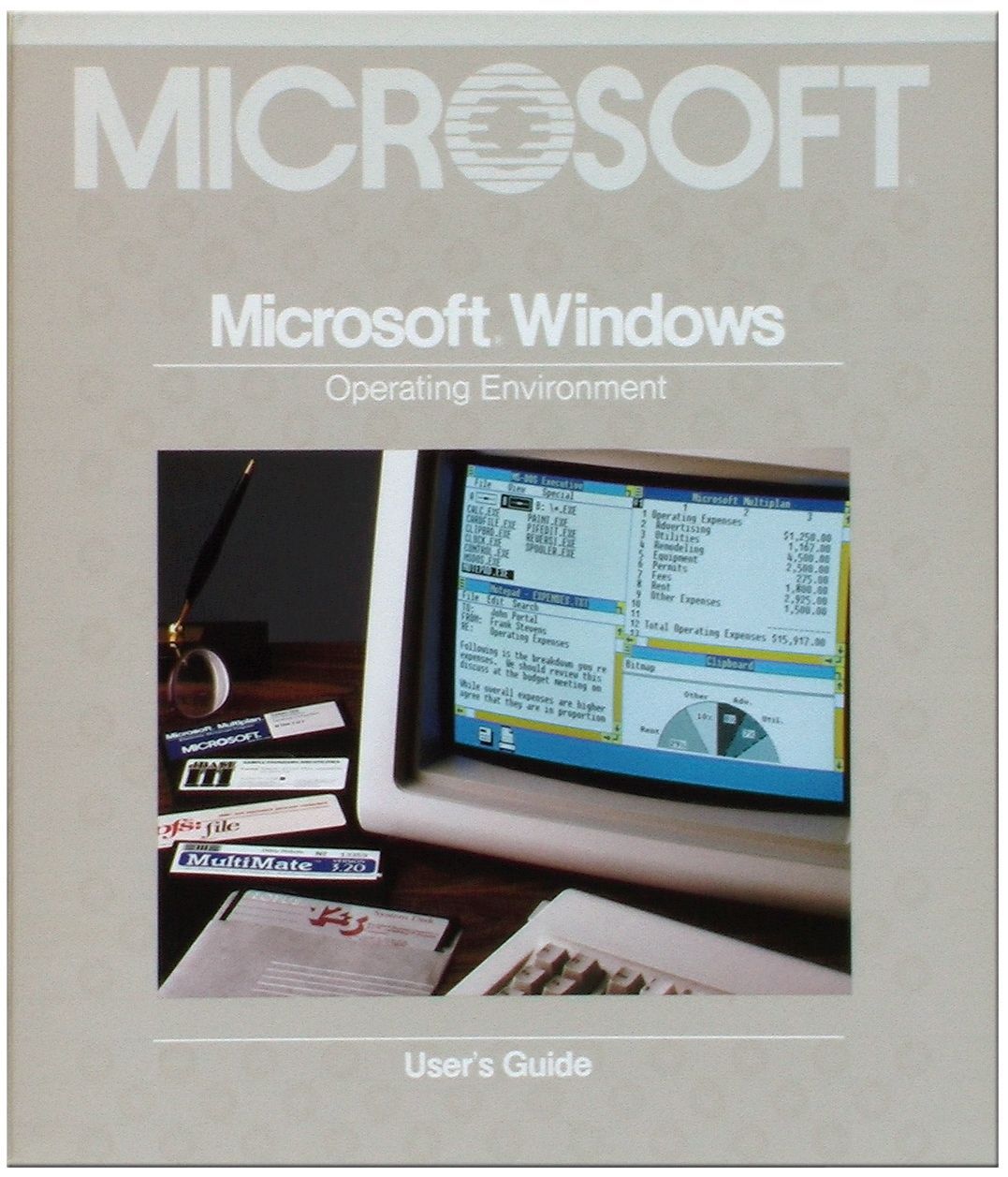 Am 20. November 1985 brachte das damals noch kleine Unternehmen Microsoft Windows 1.0 auf den Markt. Hier siehst du den Microsoft-Schriftzug auf dem Titelblatt des Benutzerhandbuchs.