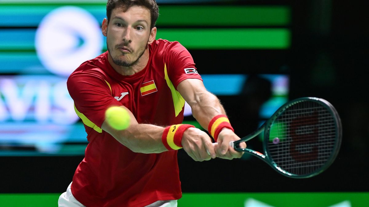 Pablo Carreno Busta of Spain in action during the Davis Cup Quarter-Final match between Pablo Carreno Busta of Spain and Jakub Mensik of Czechia at Supertennis Arena - Bolognafiere on November 20, ...