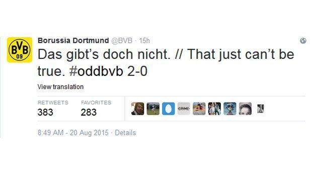 
                <strong>Borussia Dortmund</strong><br>
                Der Verdacht mit dem Lutefisk erhärtet sich, als das 2:0 fällt. Der BVB-Twitterer traut seinen Augen nicht und fasst sich kurz.
              