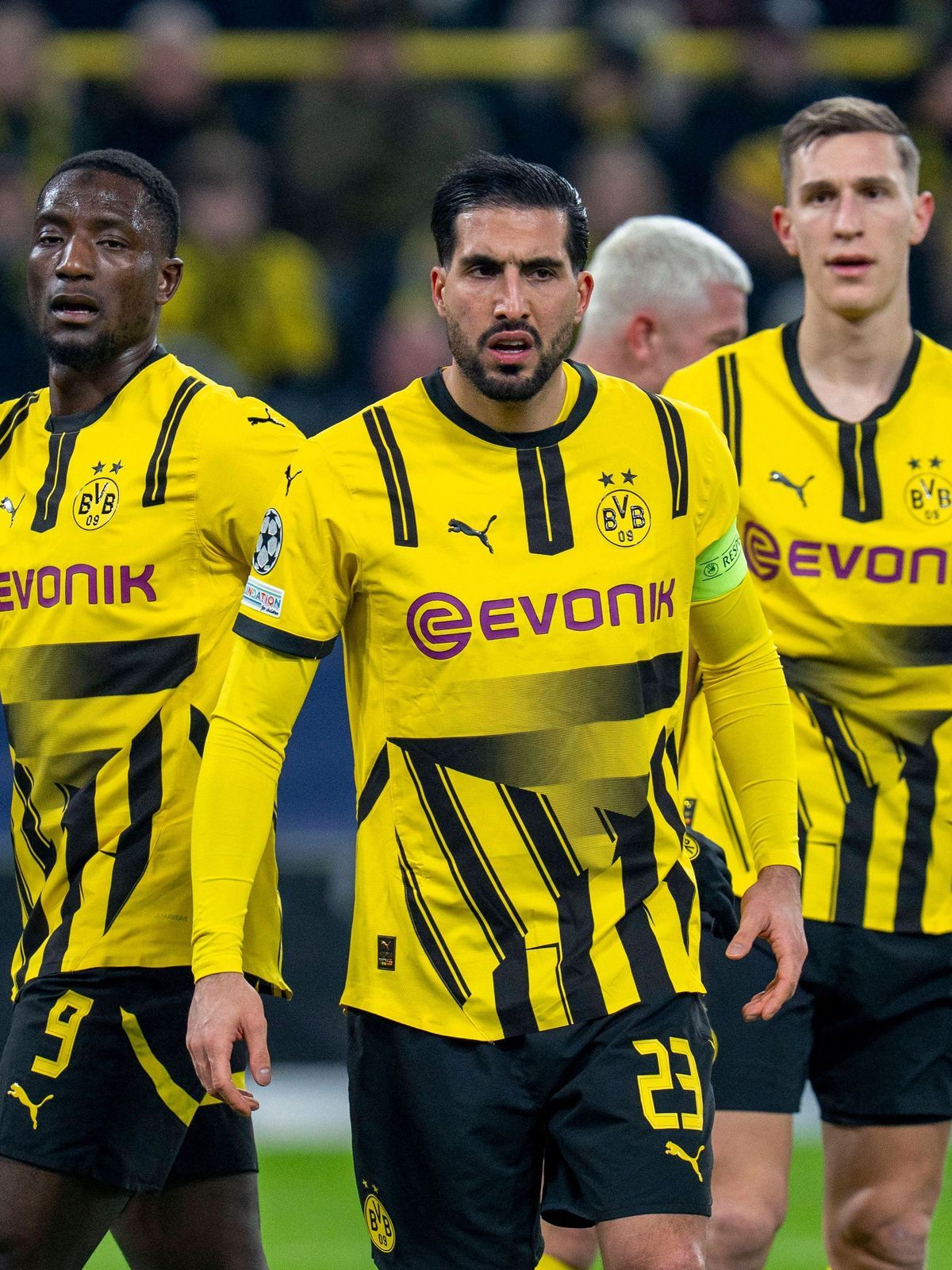 19.02.2025, Borussia Dortmund vs. Sporting Lissabon, UEFA Champions League, Playoff-Rückspiel Dortmunds Julian Brandt (l-r), Dortmunds Serhou Guirassy, Dortmunds Emre Can und Dortmunds Nico Schlott...