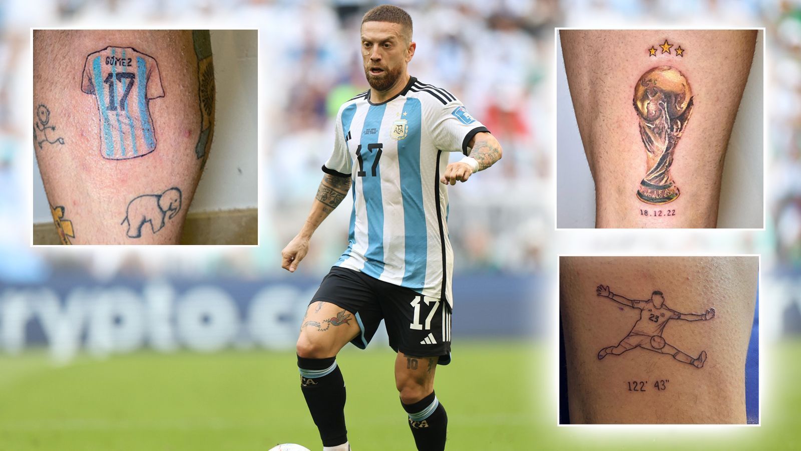 
                <strong>Alejandro "Papu" Gomez</strong><br>
                Nach Argentiniens WM-Triumph hat Alejandro "Papu" Gomez diesen historischen Moment auf seiner Haut verewigen lassen - und das gleich mehrfach. Der Profi des FC Sevilla ließ sich drei neue Tattoos stechen. Sie zeigen das Argentinien-Trikot von Gomez mit der Nummer 17, zudem den in Katar errungenen WM-Pokal. Mit dem dritten Tattoo ehrt der Offensivspieler seinen Nationaltorhüter Emiliano Martinez, ließ sich dessen heroische Parade im WM-Finale gegen Frankreich stechen. Damit rettete der Keeper von Aston Villa die Südamerikaner ins Elfmeterschießen, wo Argentinien anschließend die Oberhand behielt. 
              