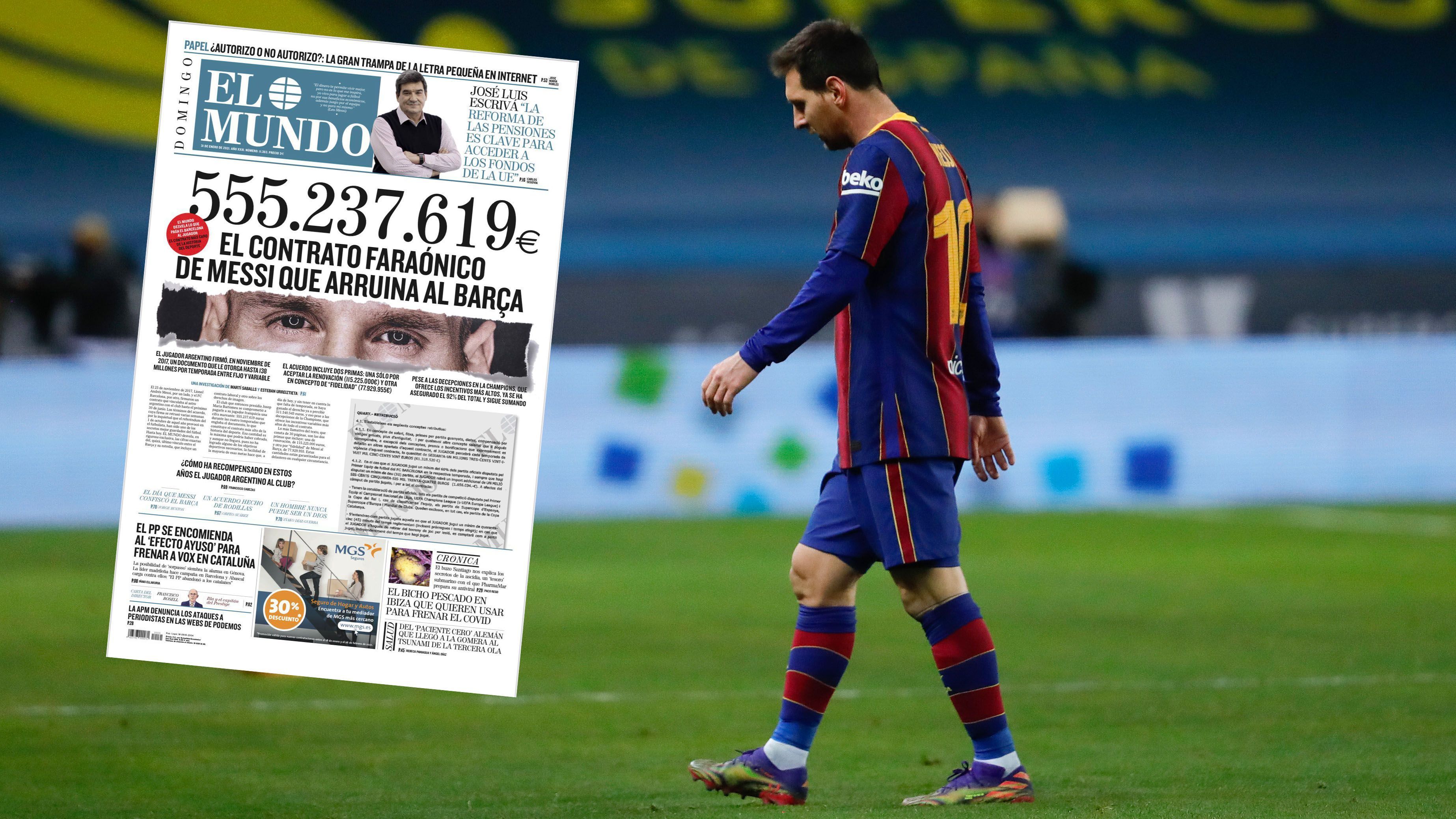 
                <strong>555 Millionen für Lionel Messi: Das sollen die irren Zahlen seinen Vertrags sein</strong><br>
                Der FC Barcelona steht tief in der Kreide. Zuletzt machten Medienberichte die Runde, wonach der Klub über eine Milliarde Euro Schulden angehäuft haben soll. Mit ein Grund dafür sind die hohen Spielergehälter. In ihrer Sonntagsausgabe (31. Januar) enthüllt die spanische Zeitung "El Mundo" nun den angeblichen Vertrag von Superstar Lionel Messi. In dem rund 30-seitigen Dokument wird das volle Ausmaß der verrückten Finanzpolitik deutlich. ran.de zeigt die irren Zahlen im Überblick.
              