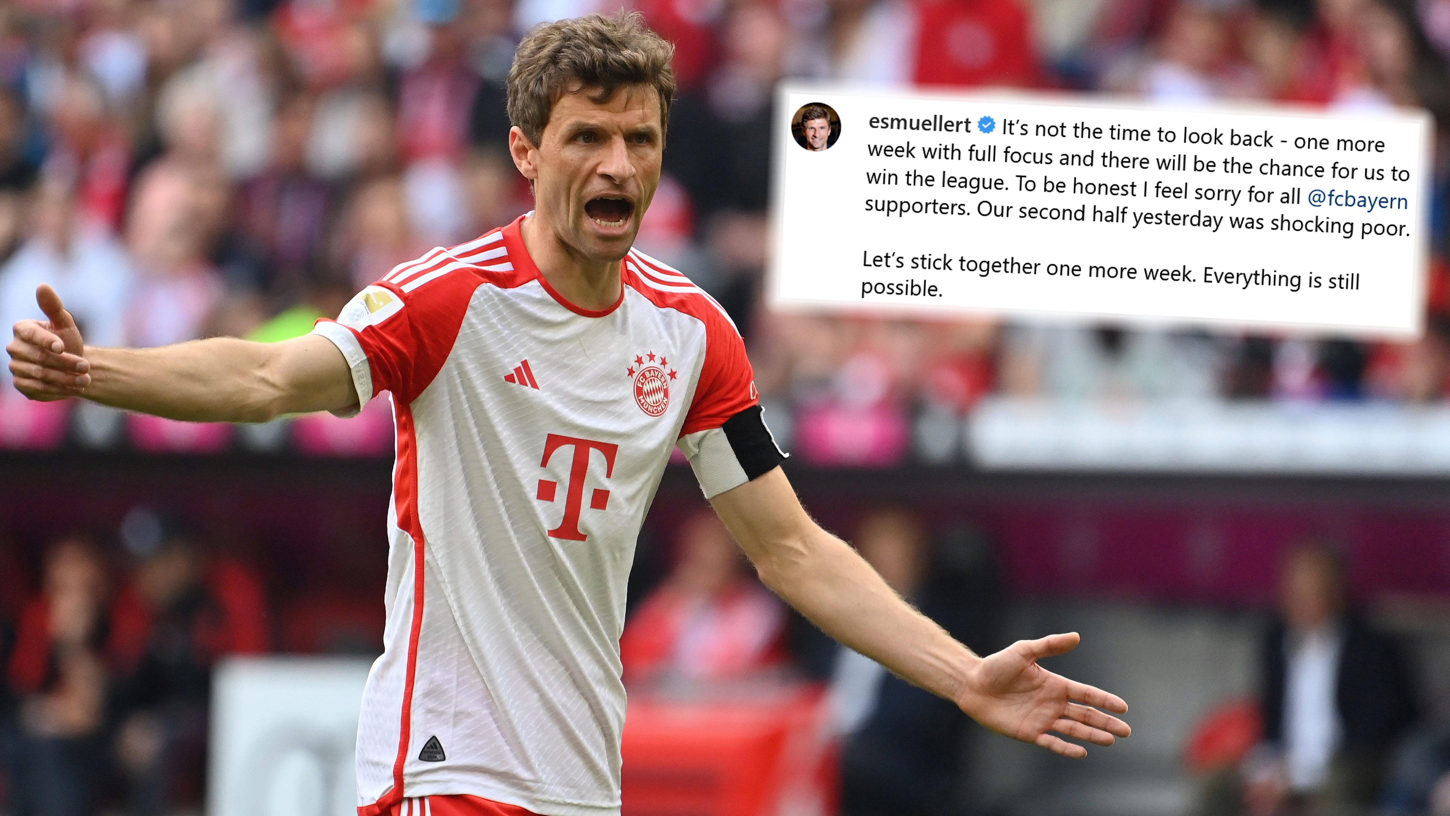 
                <strong>Nach Niederlage im Meisterschaftskampf: Müller entschuldigt sich bei Bayern-Fans</strong><br>
                Thomas Müller hat sich nach der 1:3-Niederlage gegen RB Leipzig im Kampf um die Deutsche Meisterschaft bei den Fans des FC Bayern München entschuldigt. "Um ehrlich zu sein, tut es mir leid für alle Bayern-Fans. Unsere zweite Hälfte war erschreckend schlecht", schrieb der Routinier auf Instagram. Doch noch gibt Müller den Meistertitel nicht verloren: "Es ist nicht die Zeit zurückzuschauen - noch eine Woche volle Konzentration und wir werden die Chance haben, die Liga zu gewinnen. Lasst uns noch eine Woche zusammenhalten. Noch ist alles möglich." Nach dem 3:0-Sieg Borussia Dortmunds beim FC Augsburg stehen die Chancen allerdings nicht optimal - dem BVB reicht zuhause gegen Mainz ein Sieg. Müller und die Bayern müssen selbst in Köln gewinnen, um noch Meister werden zu können.
              