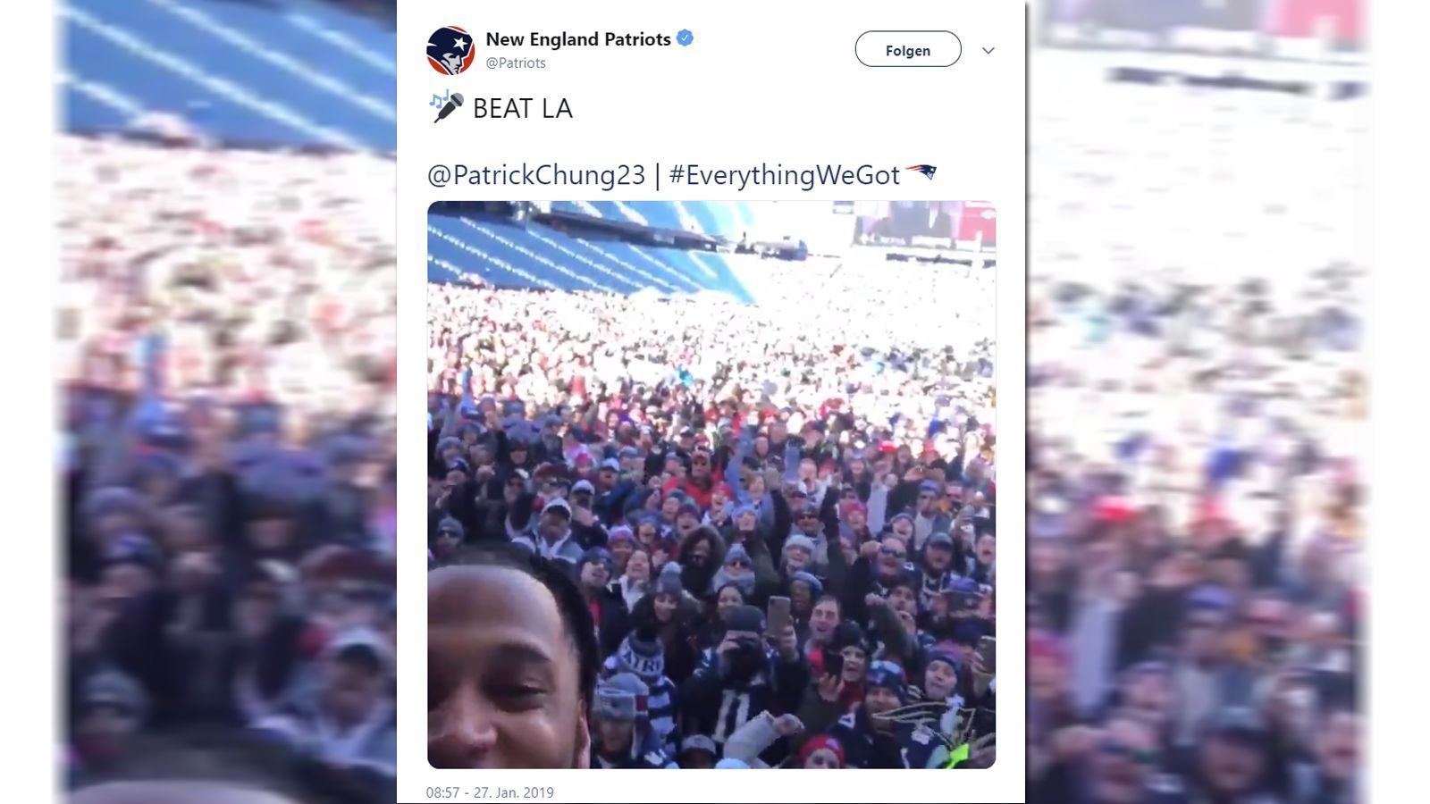 
                <strong>Patriots-Fans machen sich bereits warm</strong><br>
                Das zeigte schon Patrick Chung vor der Abreise nach Atlanta. Der Safety machte sich mit den Patriots-Fans warm und heizte die Massen bei der Verabschiedung des Teams mit #BeatLA-Rufen an. 
              