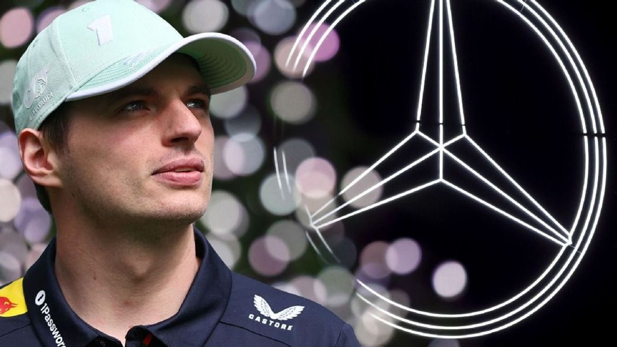 Fotomontage: Max Verstappen vor einem Mercedes-Logo