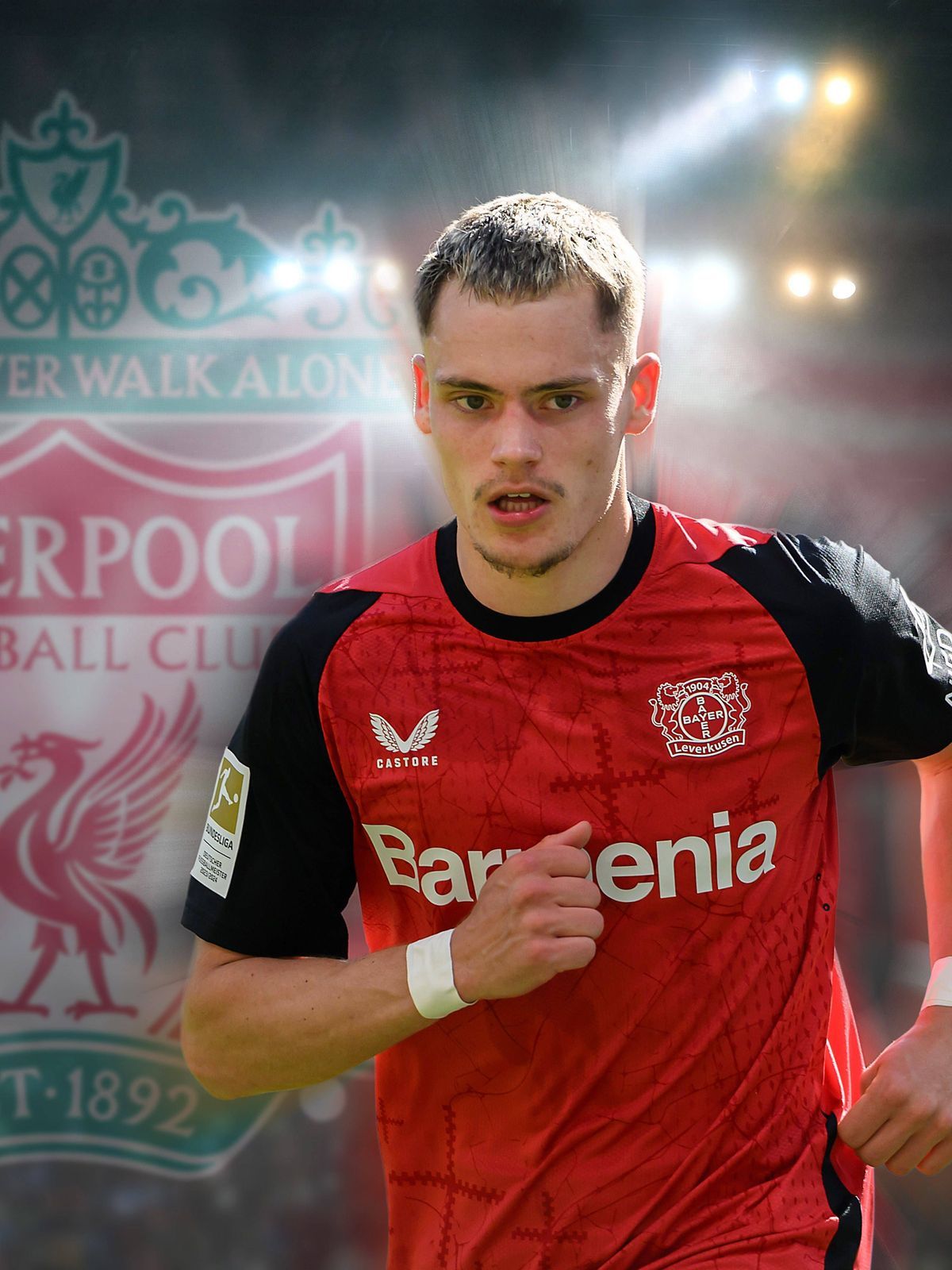 FOTOMONTAGE: Florian WIRTZ (LEV) zieht es zum FC Liverpool in die englische Premier League. ARCHIVFOTO, *** PHOTO ASSEMBLY Florian WIRTZ LEV moves to Liverpool FC in the English Premier League ARCH...
