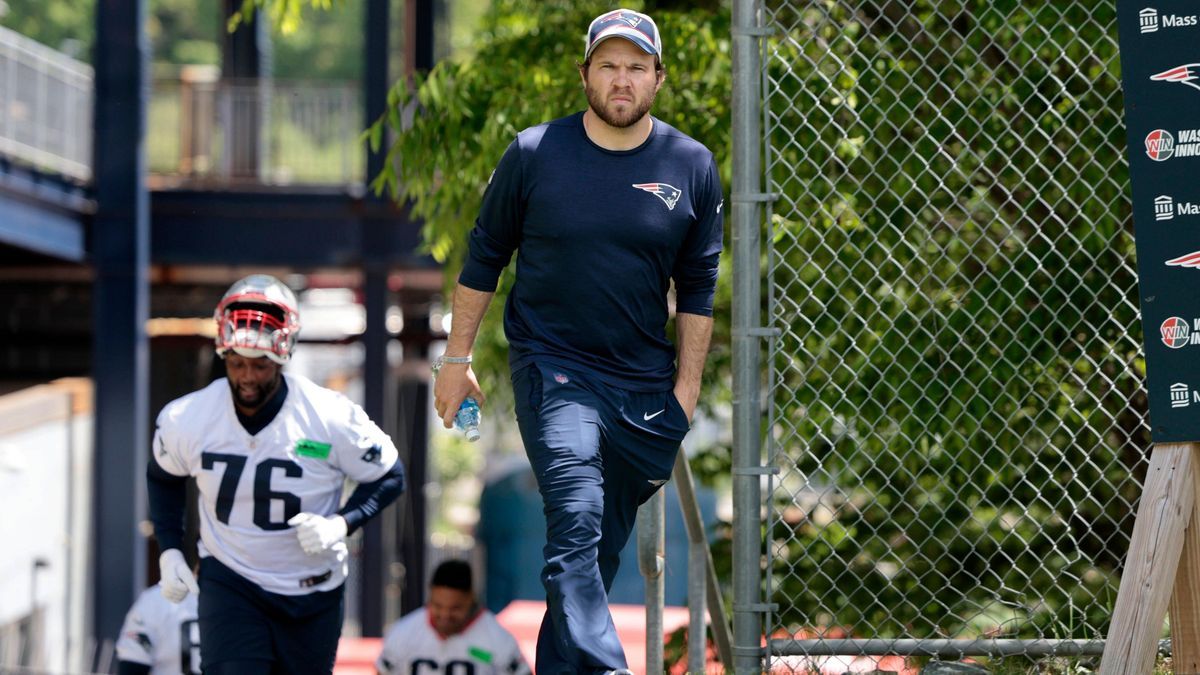 FOXBOROUGH, MA - MAY 29: New England Patriots safeties coach Brian Belichick walks onto the field during New England Patriots Optional Team Activities on May 29, 2024, at Gillette Stadium in Foxbor...