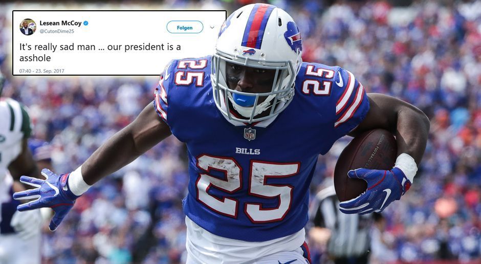 
                <strong>LeSean McCoy</strong><br>
                Auch Bills-Running Back LeSean McCoy meldete sich per "Twitter" zu Wort. Er setzt Trump ähnliche Worte entgegen, wie er sie selbst benutzt: "Es ist wirklich traurig ... Unser Präsident ist ein Arschloch", schreibt McCoy.
              