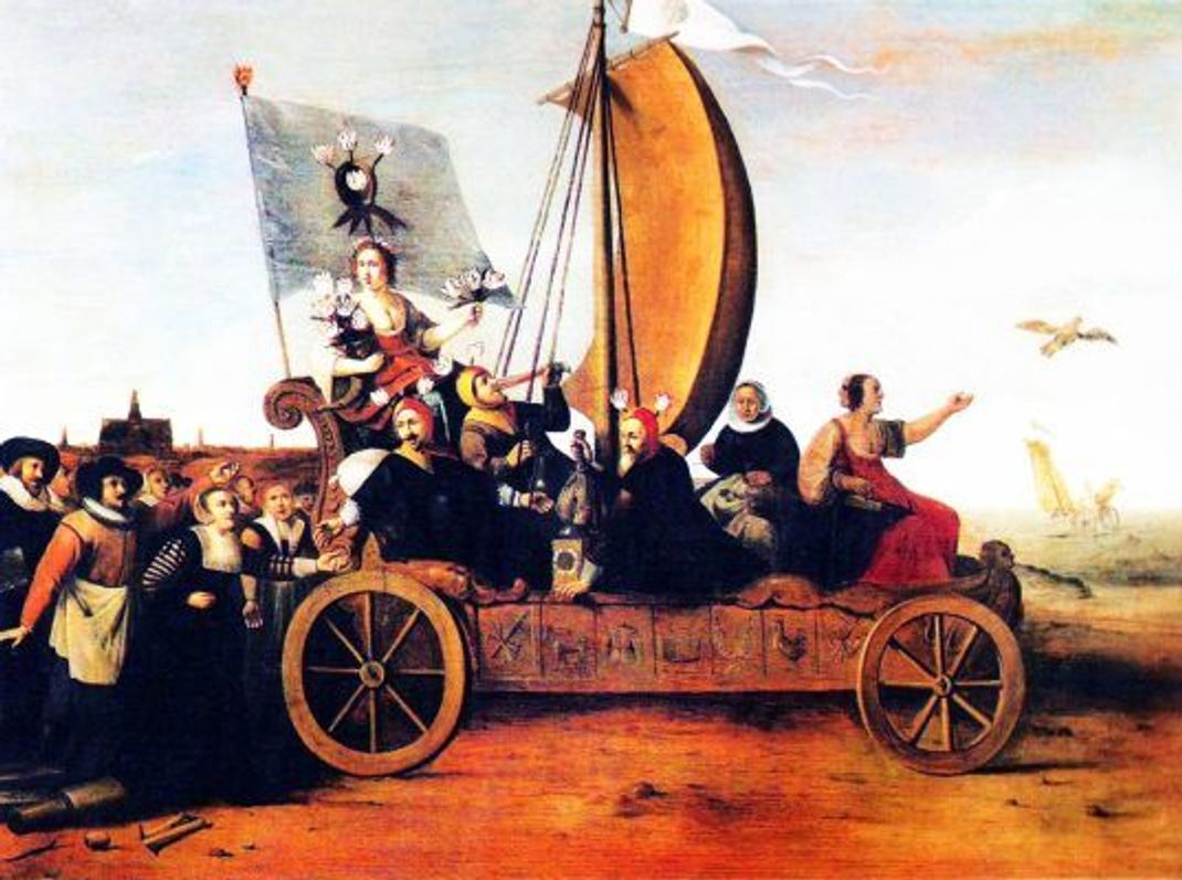 Tulpenmanie: Die Karikatur von 1637 zeigt den „Narrenwagen". Flora, Göttin der Blumen, fährt mit Spieler:innen, Spekulant:innen und Glücksgöttin Fortuna unter der Flagge der Tulpen ins Meer und Verderben. Der Wind bläst sie davon. Weber:innen, die ihre Webstühle verlassen haben, folgen.