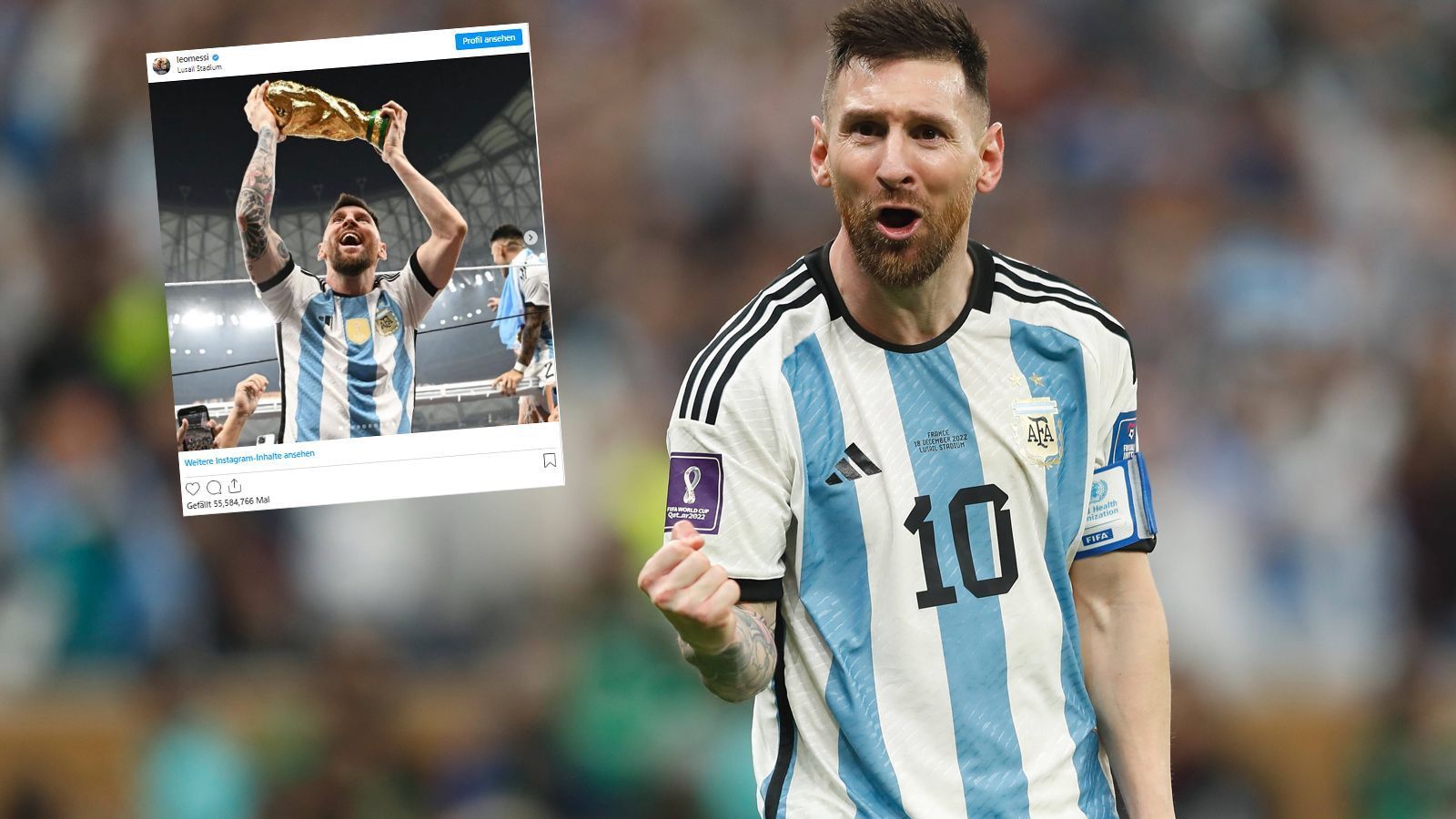 
                <strong>2022: Messi geht viral</strong><br>
                Nach dem Gewinn des WM-Titels setzt sich Messi auch auf Social-Media die Krone auf. Auf Instagram posiert der Argentinier mit dem WM-Pokal und lässt in der Bildbeschreibung seinen Gefühlen freien Lauf. Seine Fans sind überwältigt von diesem Beitrag und liken was das Zeug hält. Mehr als 56,5 Millionen Konten drückten bislang auf den "Gefällt-mir-Button". Damit entreißt der Außnahmespieler nicht nur seinem portugisieschen Konkurrenten Cristiano Ronaldo den Rekord für den meist gelikten Beitrag eines Sportlers auf Social Media, sondern stellt auch eine neue Bestmarke für den Post mit den meisten "Gefällt-mir-Angaben" auf der gesamten Plattform auf. Messis Beitrag löst nämlich das World-Rekord-Egg, das rund 56 Millionen Likes bekam, ab. 
              