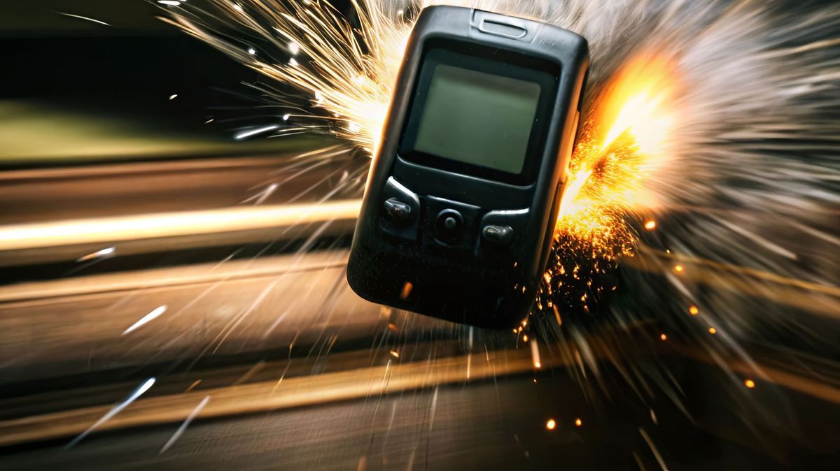 A cell phone is on fire and is being blown away by a blast of fire pager