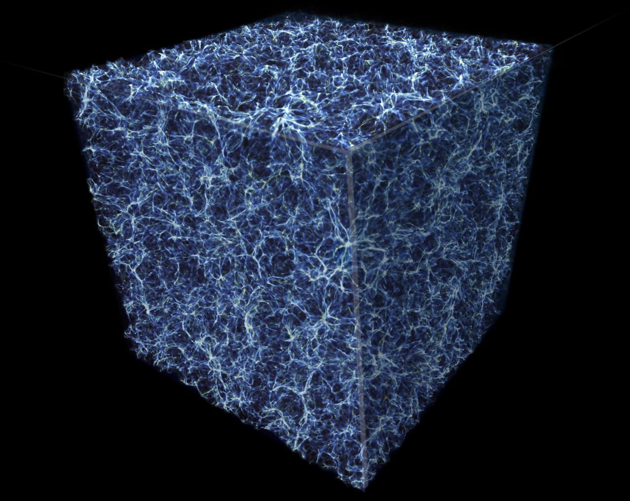 Das Universum selbst: So deuten Wissenschaftler:innen in einer Computer-Simulation die Struktur des Universums. Ansammlungen von dunkler Materie und Super-Galaxie-Haufen umgeben riesige leere Räume.