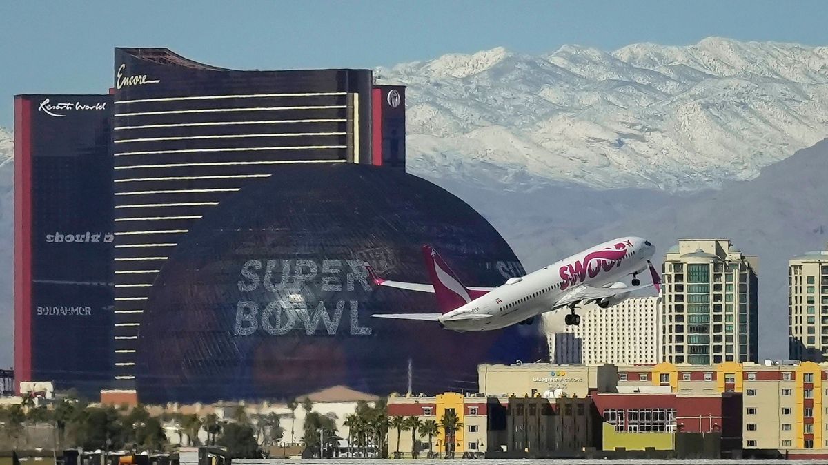 Airline Traffic Increases In Las Vegas For Super Bowl A Swoop Airlines jet is taking off from the Harry Reid International Airport in Las Vegas, Nevada, hours before the start of the Super Bowl on ...