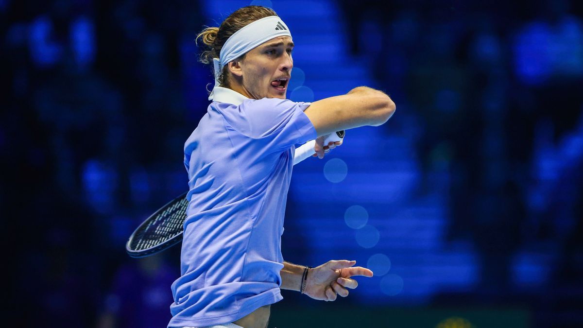 Alexander Zverev VS Casper Ruud in Turin, Italy - 13 Nov 2024 Alexander Zverev of Germany plays against Casper Ruud of Norway (not in view) during the Men s Singles John Newcombe Group Stage match ...