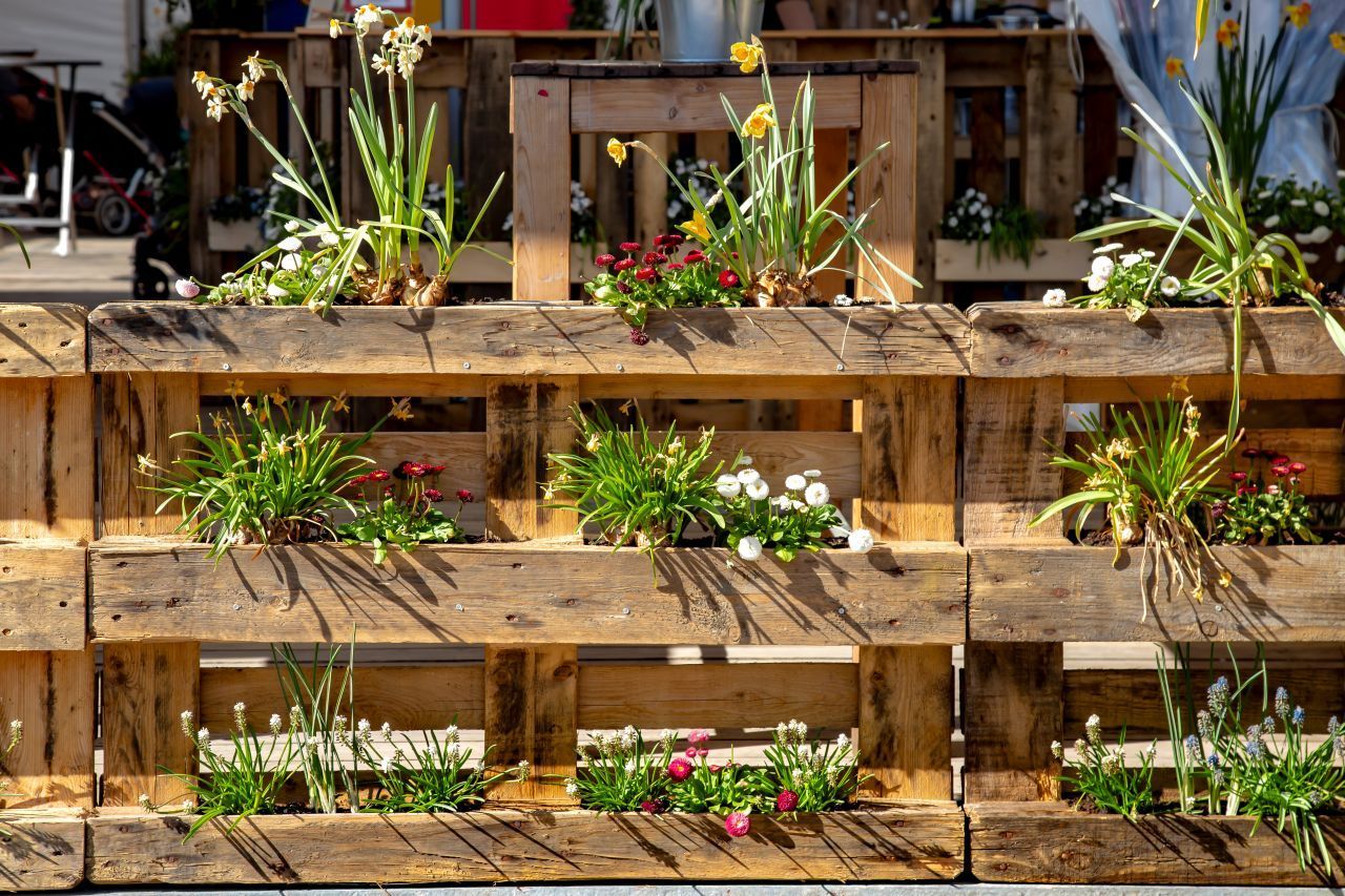 Selbst Paletten lassen sich zu einem Gemüsebeet umfunktionieren: Wenn du jeweils die unteren Seiten verschließt, entstehen kleine Blumenkästen.