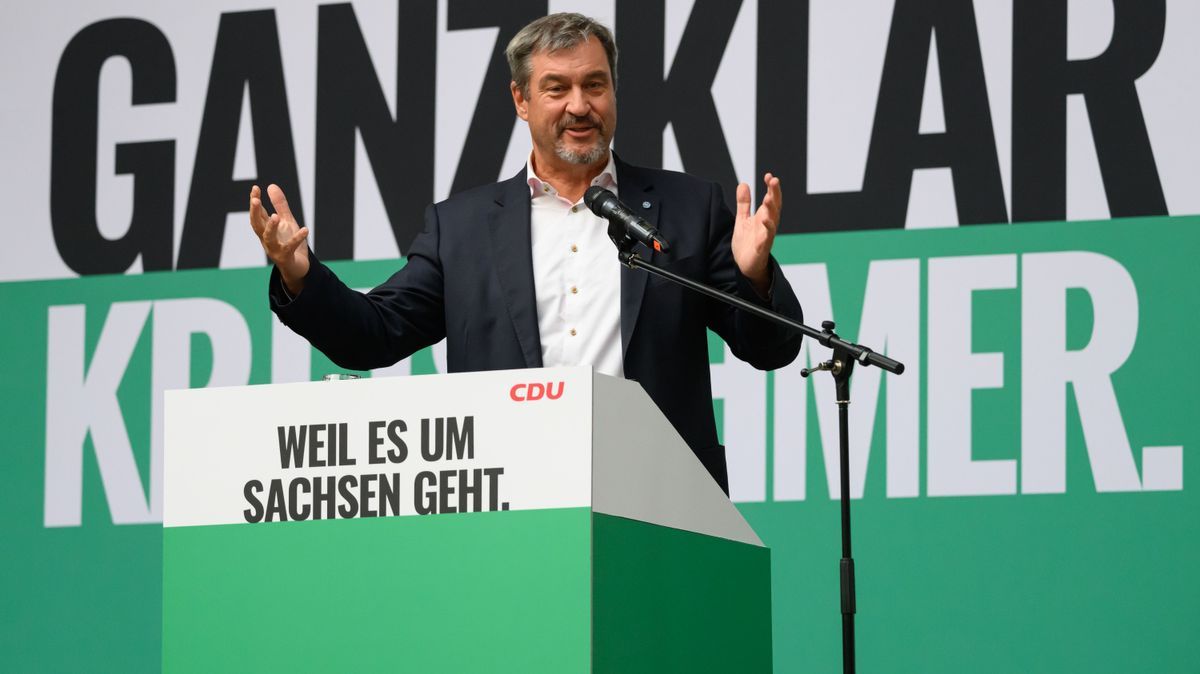 Markus Söder (CSU), Ministerpräsident von Bayern, spricht bei einer Wahlkampf-Veranstaltung der sächsischen CDU zur Landtagswahl in Sachsen.