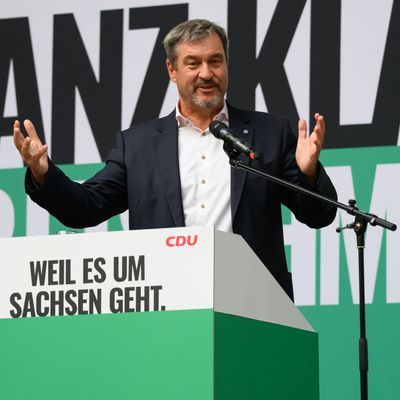 Markus Söder (CSU), Ministerpräsident von Bayern, spricht bei einer Wahlkampf-Veranstaltung der sächsischen CDU zur Landtagswahl in Sachsen.