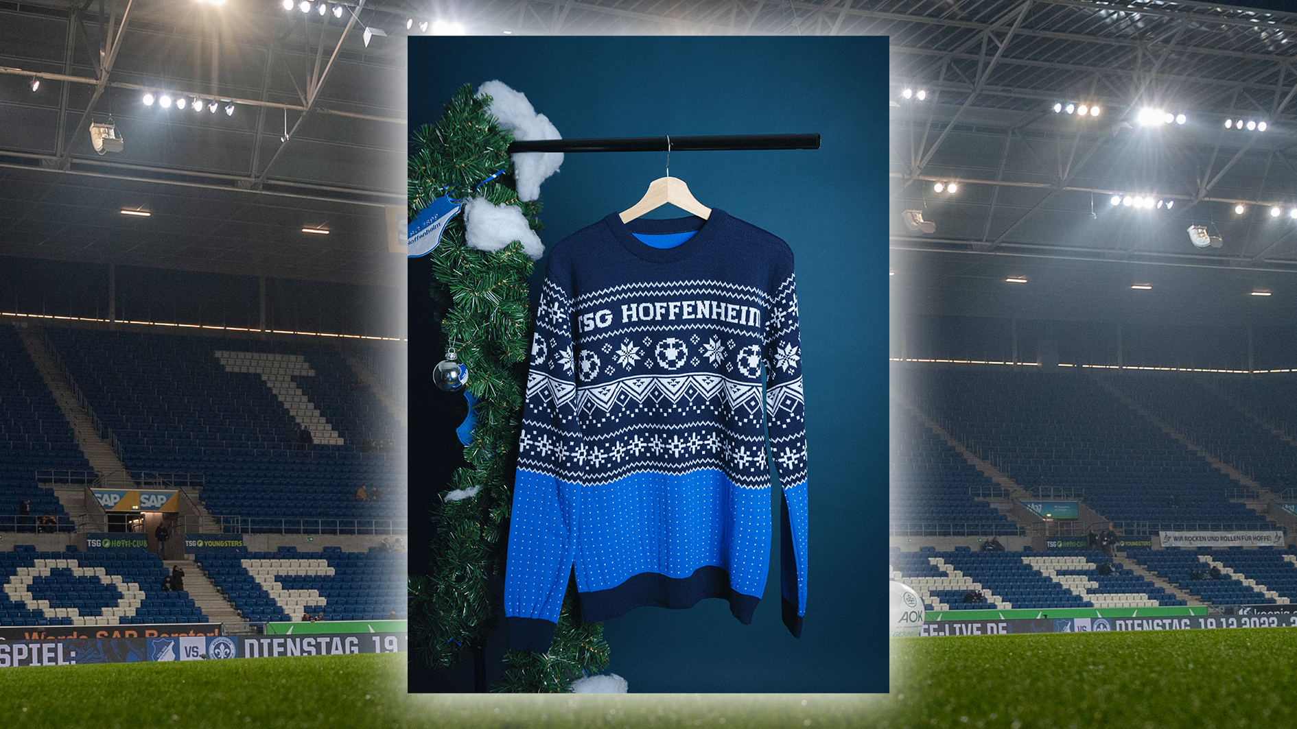 <strong>TSG Hoffenheim</strong><br>Eine verhältnismäßig schlichte Version in den TSG-Vereinsfarben. Definitiv nicht der kreativste Bundesliga-Weihnachtspulli.