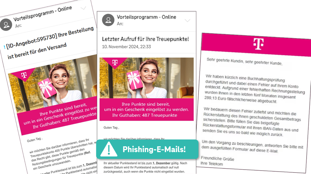 Diese gefälschten E-Mails werden zurzeit von Betrüger:innen an Telekom-Kund:innen verschickt.