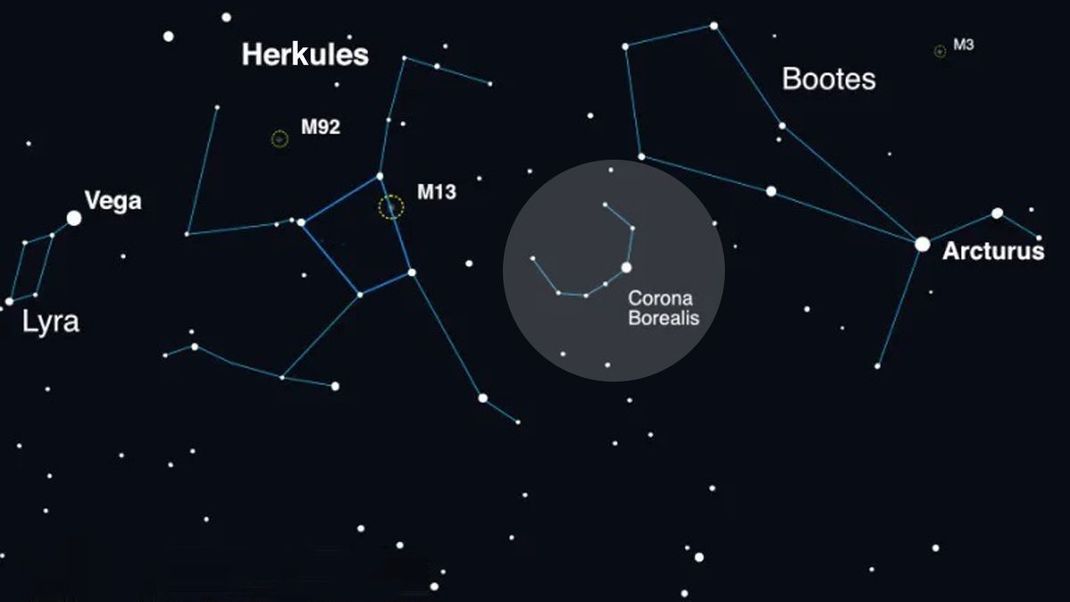 Sternbild Corona Borealis - hier wird der Zombiestern T Coronae Borealis erscheinen