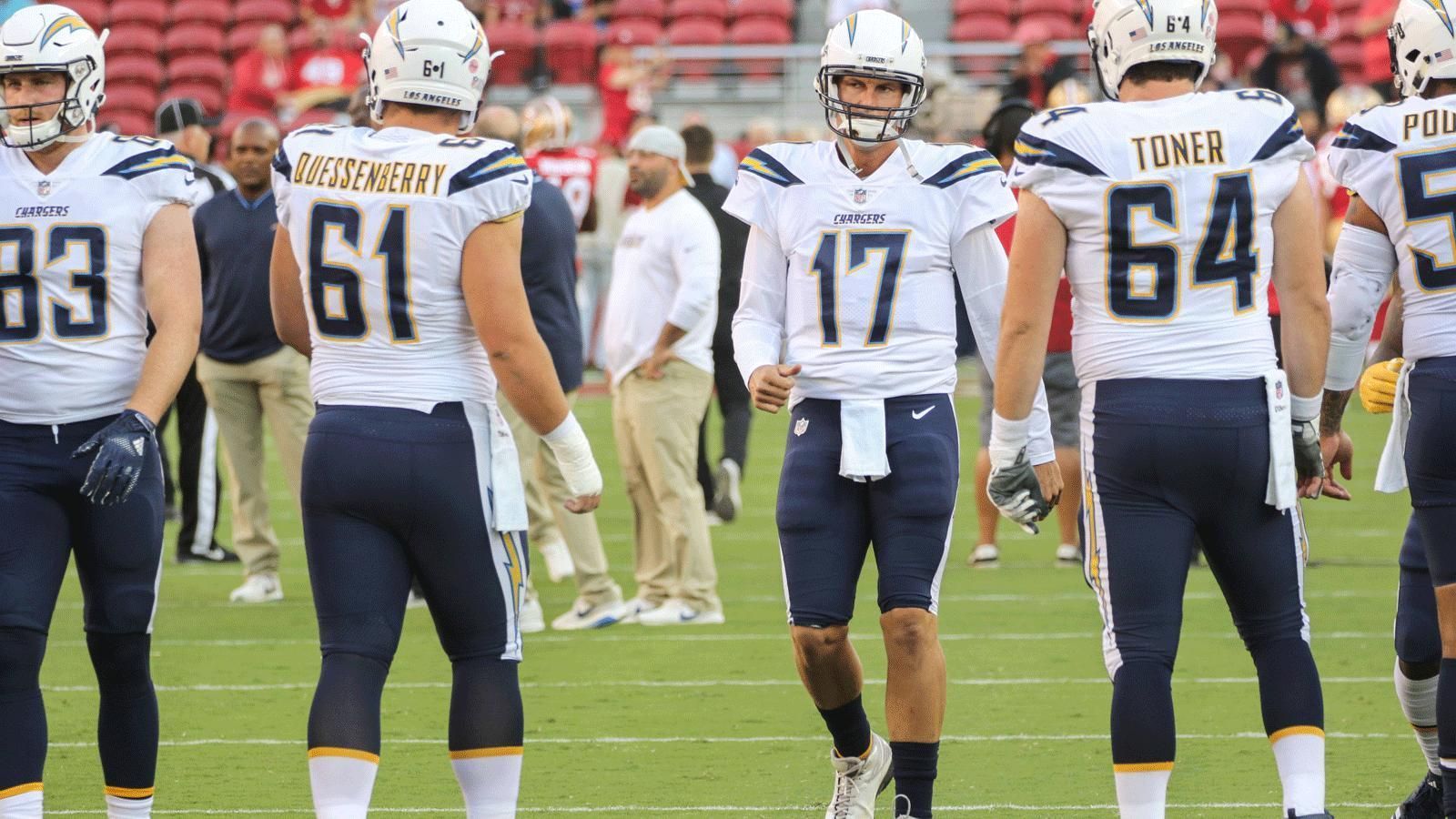 
                <strong>Los Angeles Chargers</strong><br>
                Quarterback (2): Philip Rivers, Geno SmithRunning Back (3): Melvin Gordon, Austin Ekeler, Detrez NewsomeFullback (1): Derek WattWide Receiver (6): Keenan Allen, Tyrell Williams, Travis Benjamin, Mike Williams, Geremy Davis, J.J. JonesTight End (3): Virgil Green, Sean Culkin, Antonio GatesOffensive Line (9): Russell Okung, Joe Barksdale, Sam Tevi, Dan Feeney, Michael Schofield, Forrest Lamp, Mike Pouncey, Scott Quessenberry, Cole TonerDefensive Line (9): Joey Bosa, Melvin Ingram, Brandon Mebane, Darius Philon, Damion Square, Justin Jones, Chris Landrum, Isaac Rochell, T.Y. McGillLinebacker (7): Denzel Perryman, Nick Dzubnar, Uchenna Nwosu, Kyzir White, Jatavis Brown, Kyle Emanuel, Emmanuel EllerbeeSecondary (10): Casey Hayward, Trevor Williams, Michael Davis, Desmond King, Craig Mager, Brandon Facyson, Jahleel Addae, Derwin James Jr., Rayshawn Jenkins, Adrian PhillipsSpecialists (3): Drew Kaser, Caleb Sturgis, Mike Windt
              