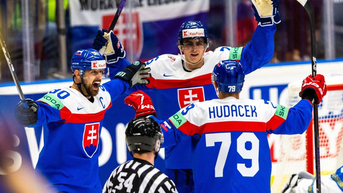 Slovakia v Kazakhstan - 2024 IIHF Ice hockey, Eishockey World Championship, WM, Weltmeisterschaft Czechia Tomas Tatar, Martin Pospisil, and Libor Hudacek are celebrating after scoring a goal during...