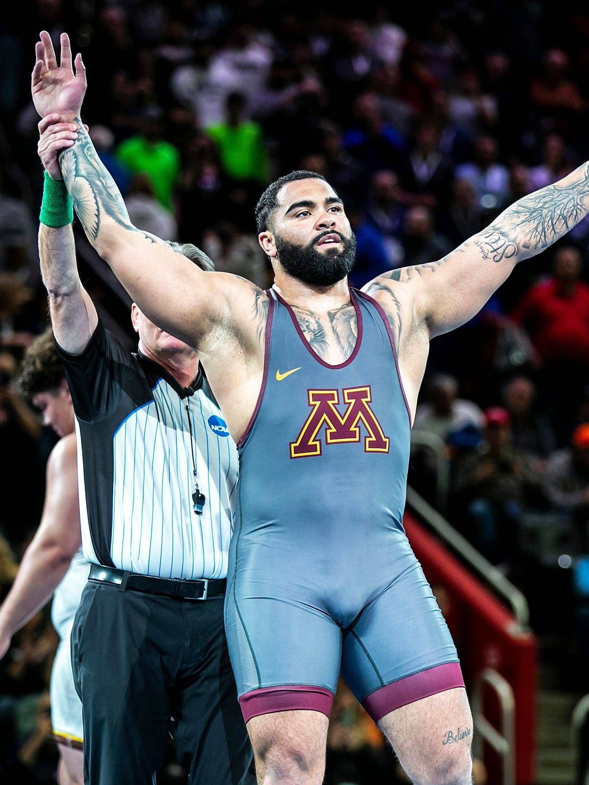 Syndication: The Des Moines Register Minnesota s Gable Steveson reacts after his match at 285 pounds in the finals during the sixth session of the NCAA, College League, USA Division I Wrestling Cha...