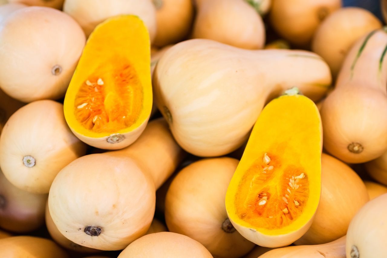 Butternut-Kürbis: Der Allrounder in Birnenform mit süßlichem Butteraroma ist nicht zu Unrecht ganz oben auf der Beliebtheitsskala und schmeckt als Suppe, geröstet oder im Salat. 